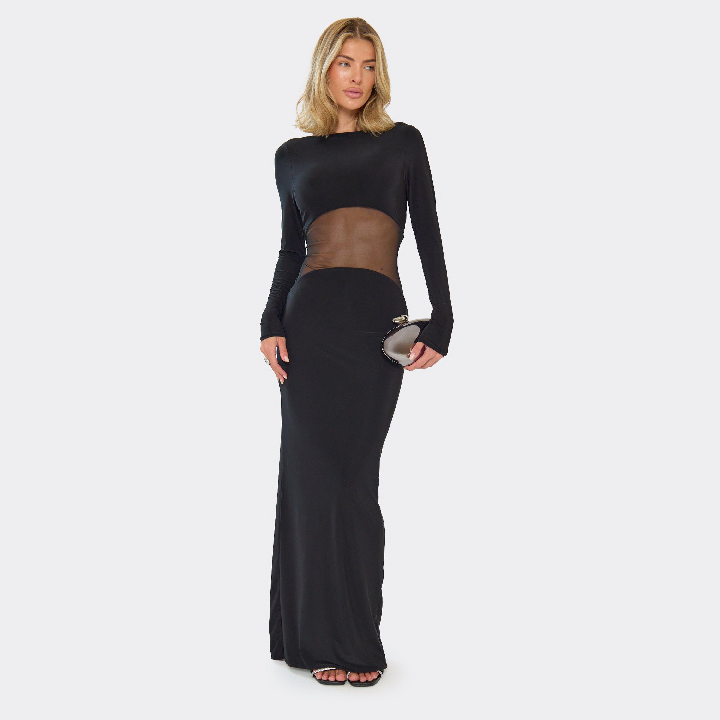 Long Sleeve Sheer Mesh Panel Maxi Dress In Black, Women's Size UK 10