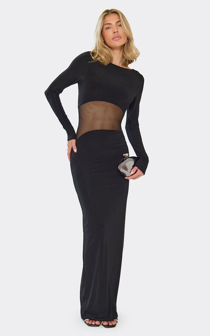 black mesh dress long Megan Slinky And Maxi / | MESHKI round neckline and asymmetrical fitted wraps Madeleine | Black Fishtail Maxi