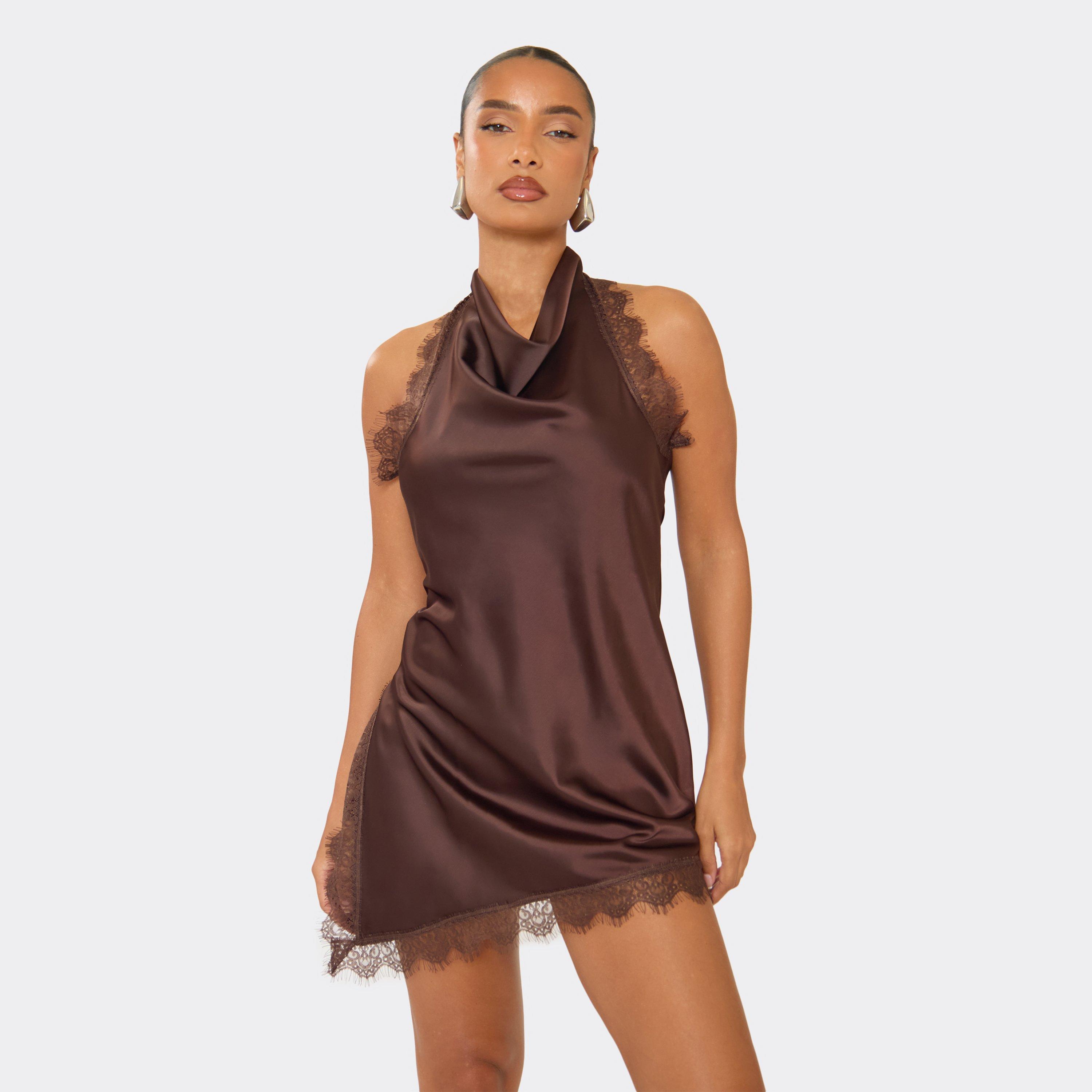 Cowl Neck Lace Trim Asymmetric Hem Mini Dress In Chocolate Brown, Women's Size UK 8