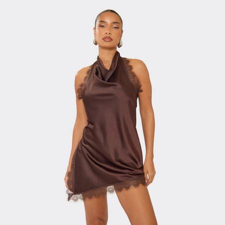 Cowl Neck Lace Trim Asymmetric Hem Mini Dress In Chocolate Brown, Women's Size US