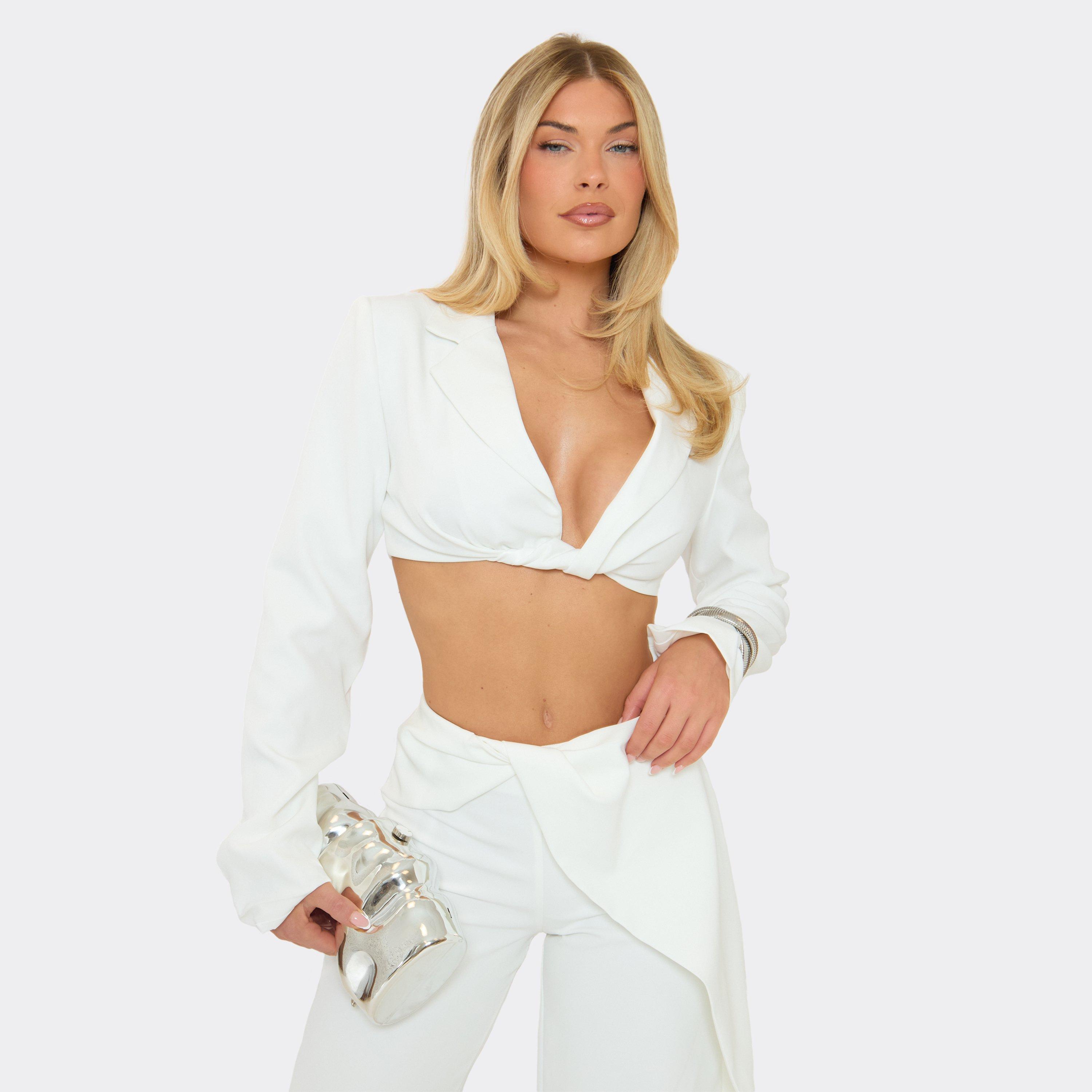 Long Sleeve Twist Front Detail Cropped Blazer In White, Women’s