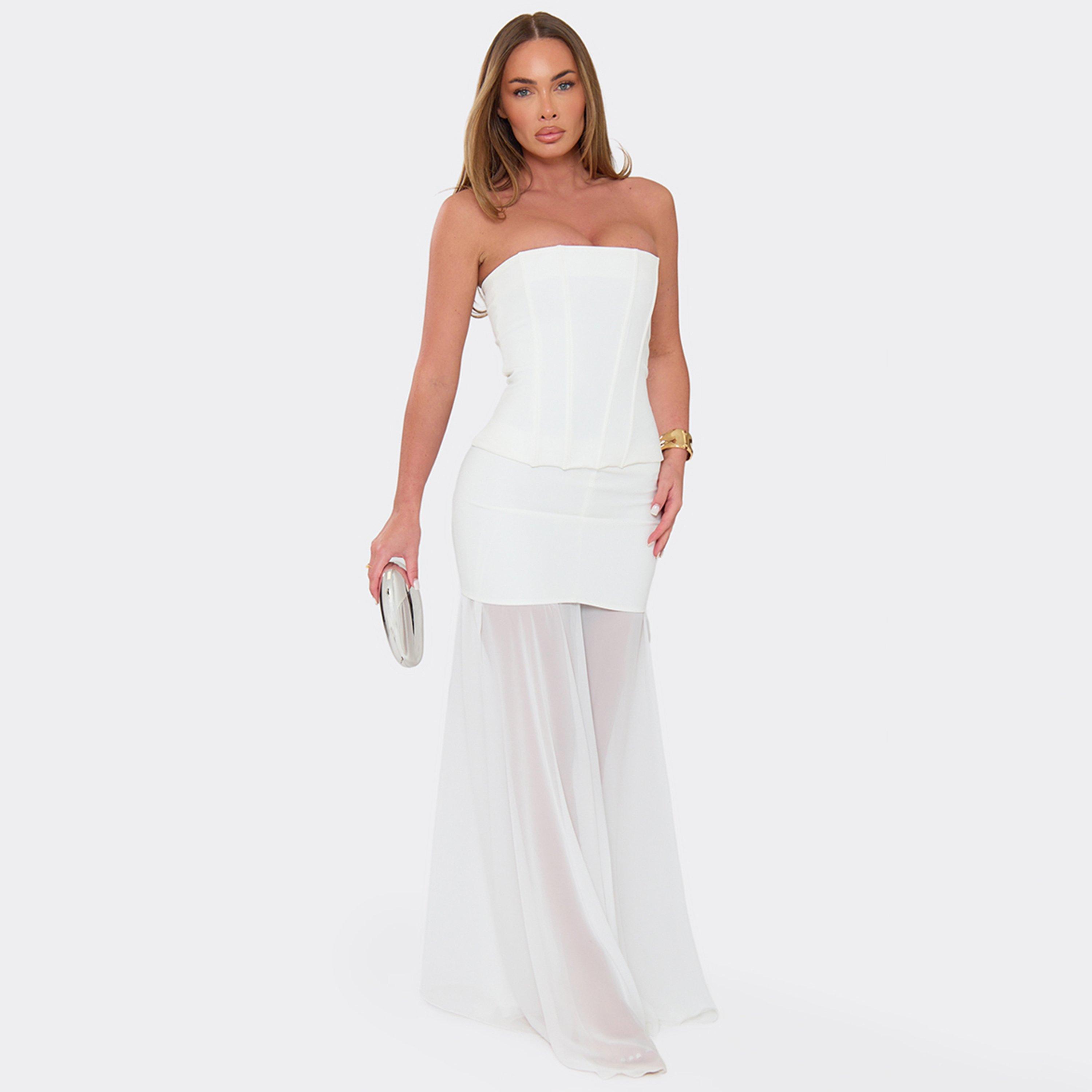 Low Rise Mesh Underlay Maxi Skirt In White, Women's Size UK 6