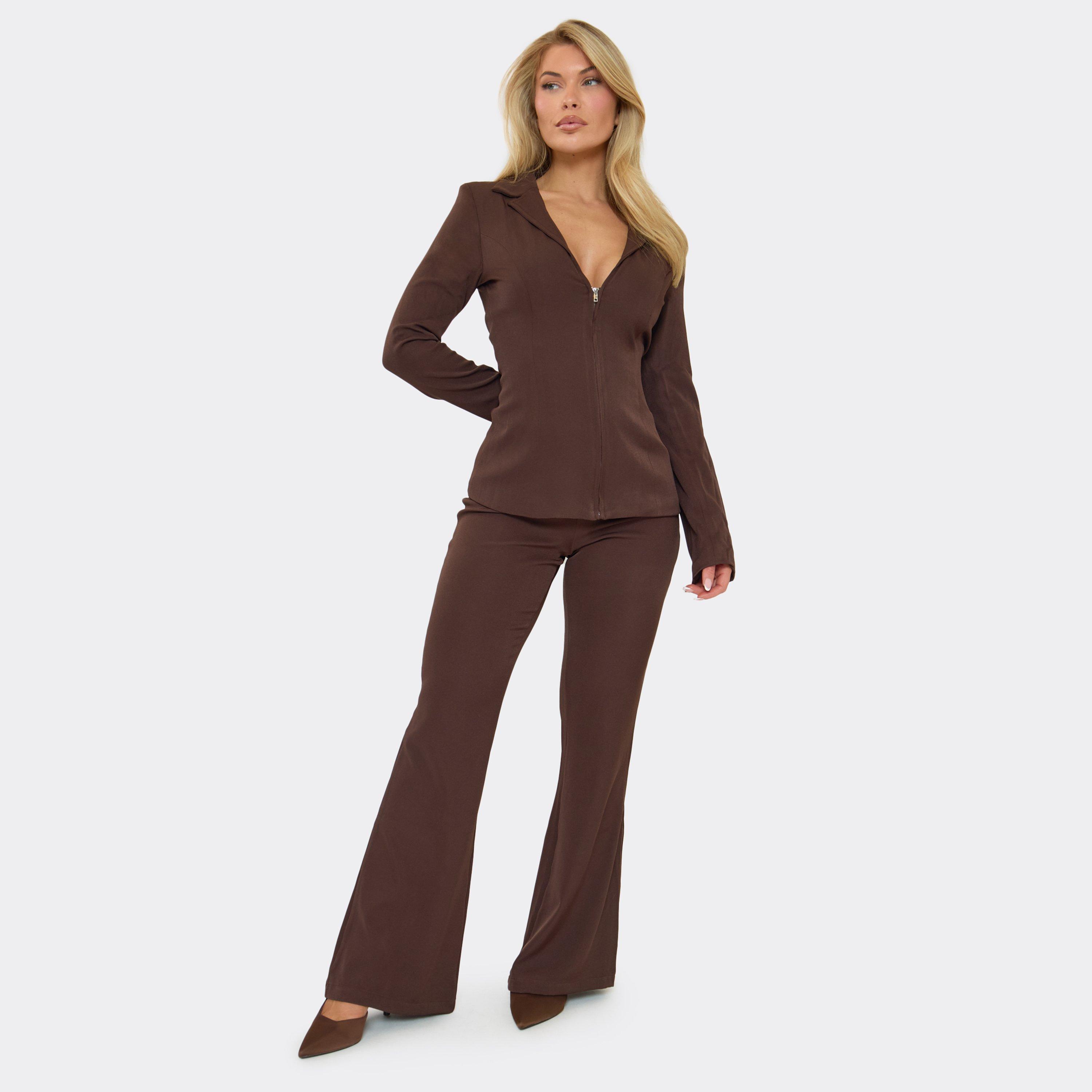 Image of Mid Rise Flared Trousers In Chocolate Brown, Women's