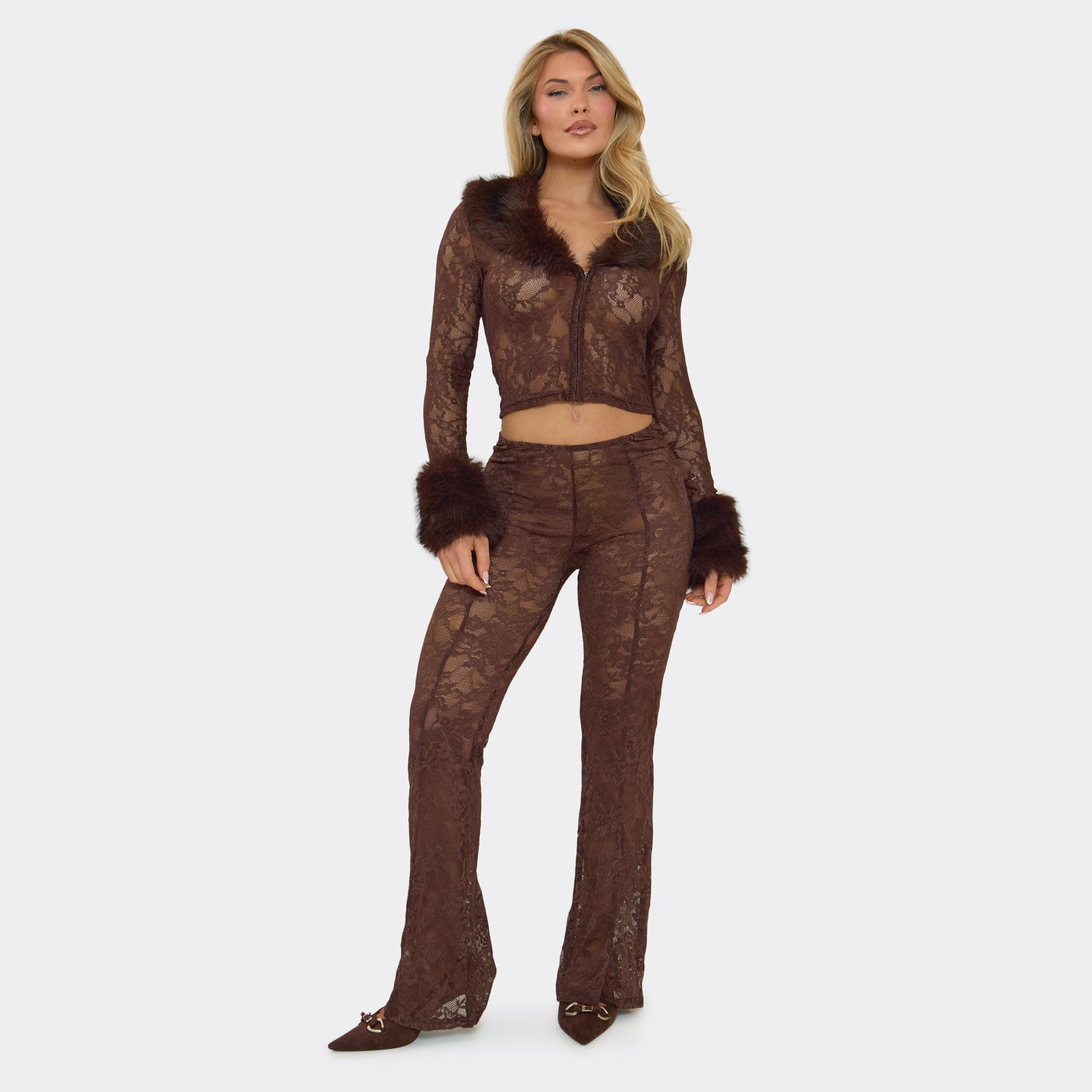 Image of Low Rise Flared Trousers In Chocolate Brown Lace, Women's