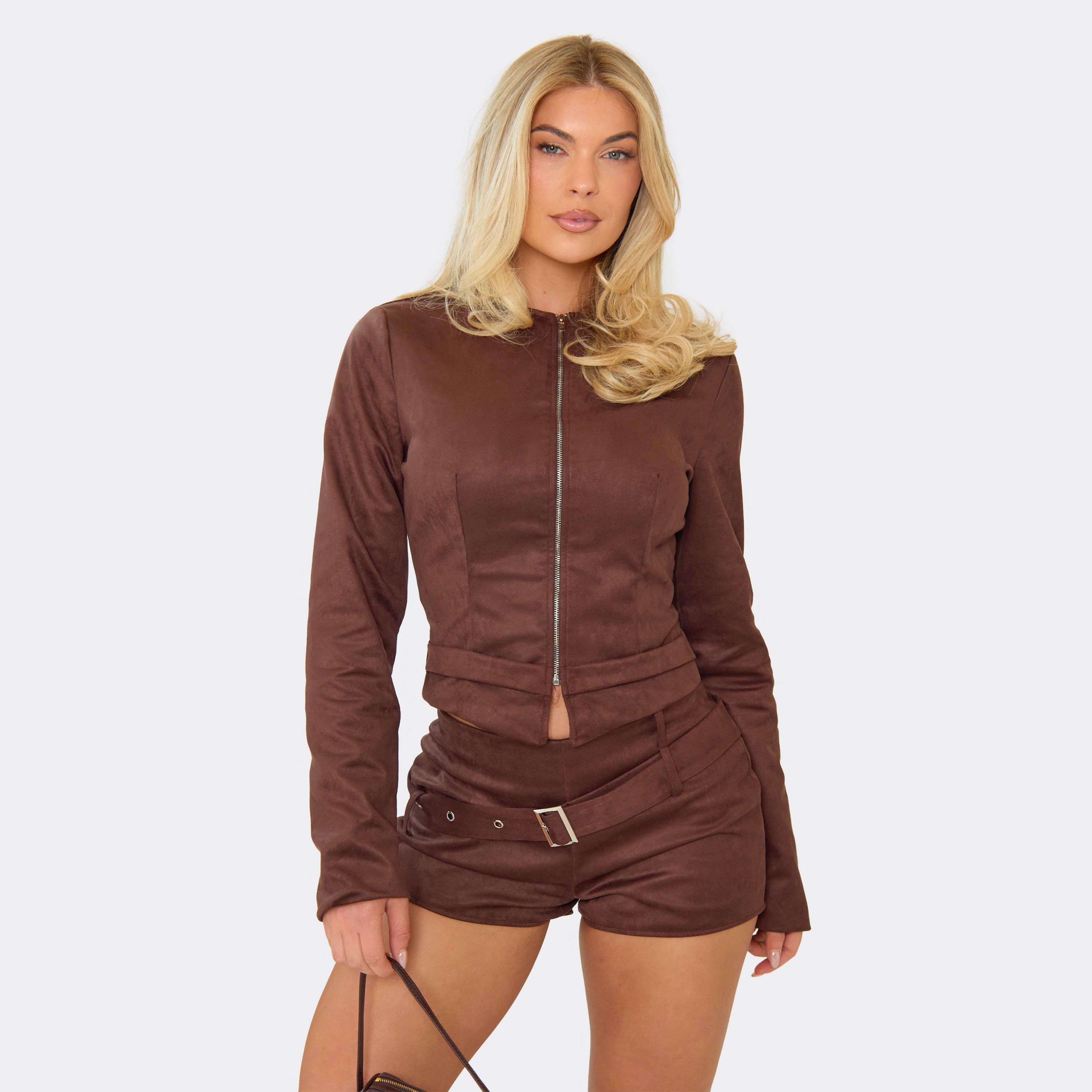 Image of Long Sleeve Zip Front Top In Chocolate Brown Faux Suede, Women's