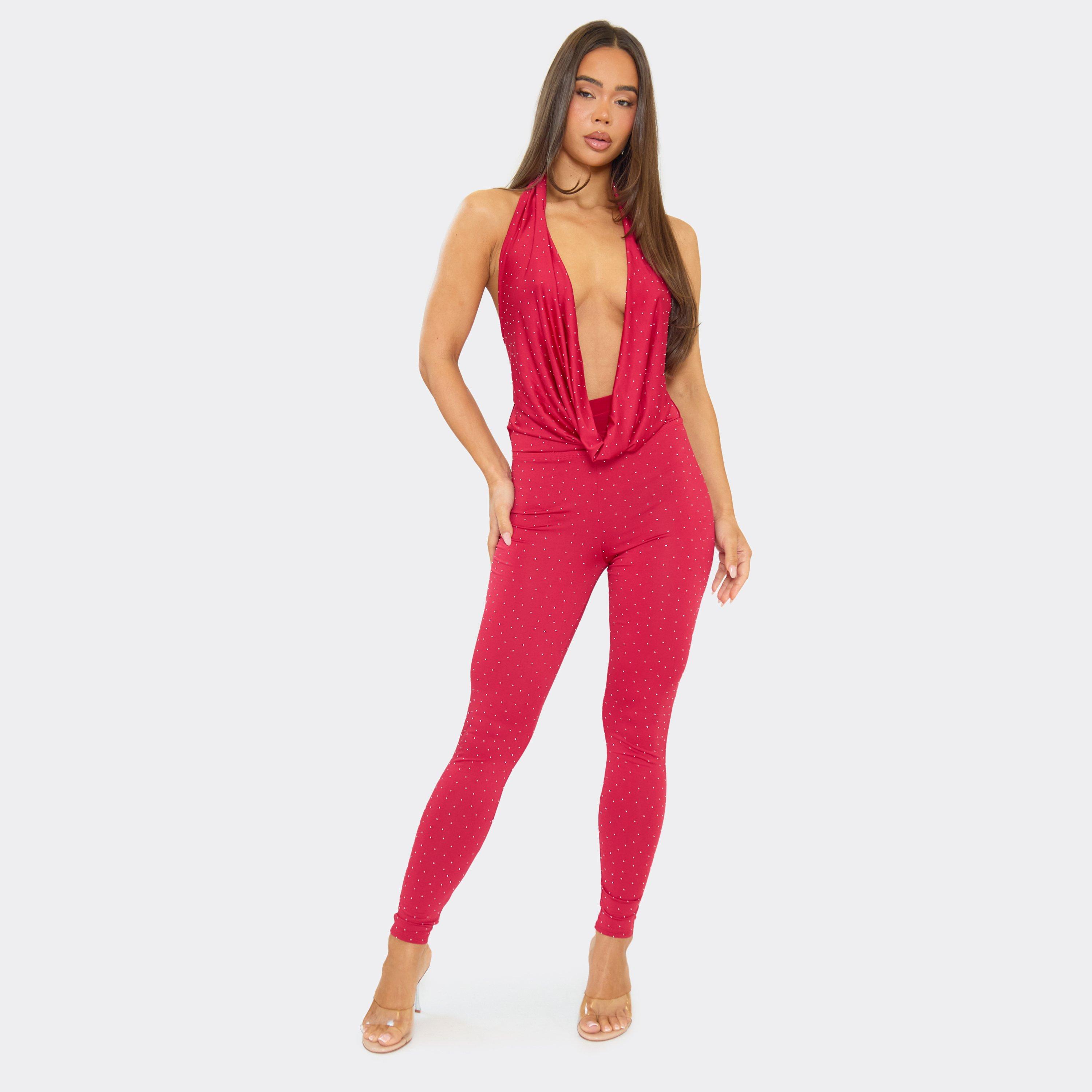 Cowl Neck Hotfix Diamante Detail Jumpsuit In Red, Women's Size UK 10