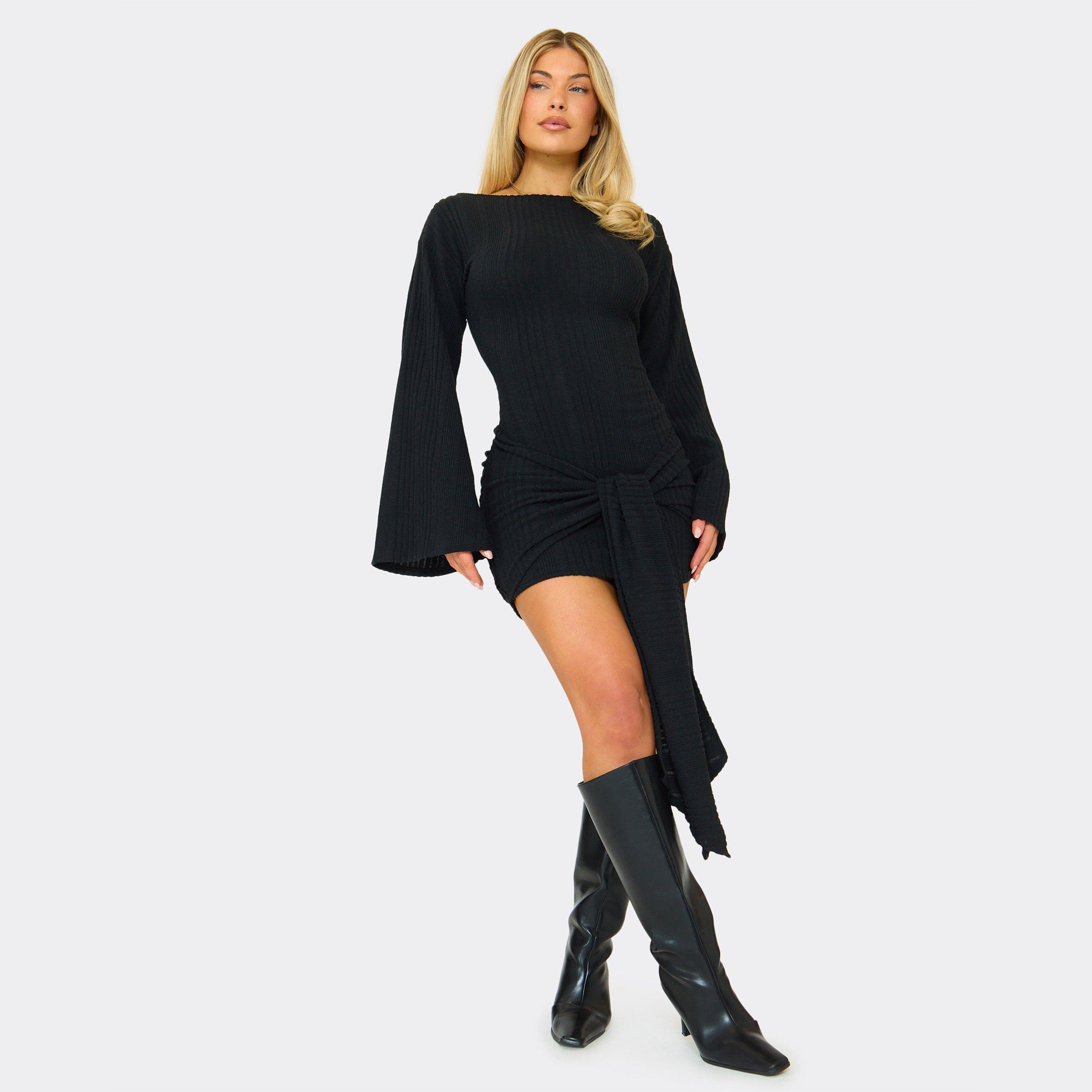 Flared Sleeve Mid Waist Wrap Detail Mini Dress In Black Rib, Women’s