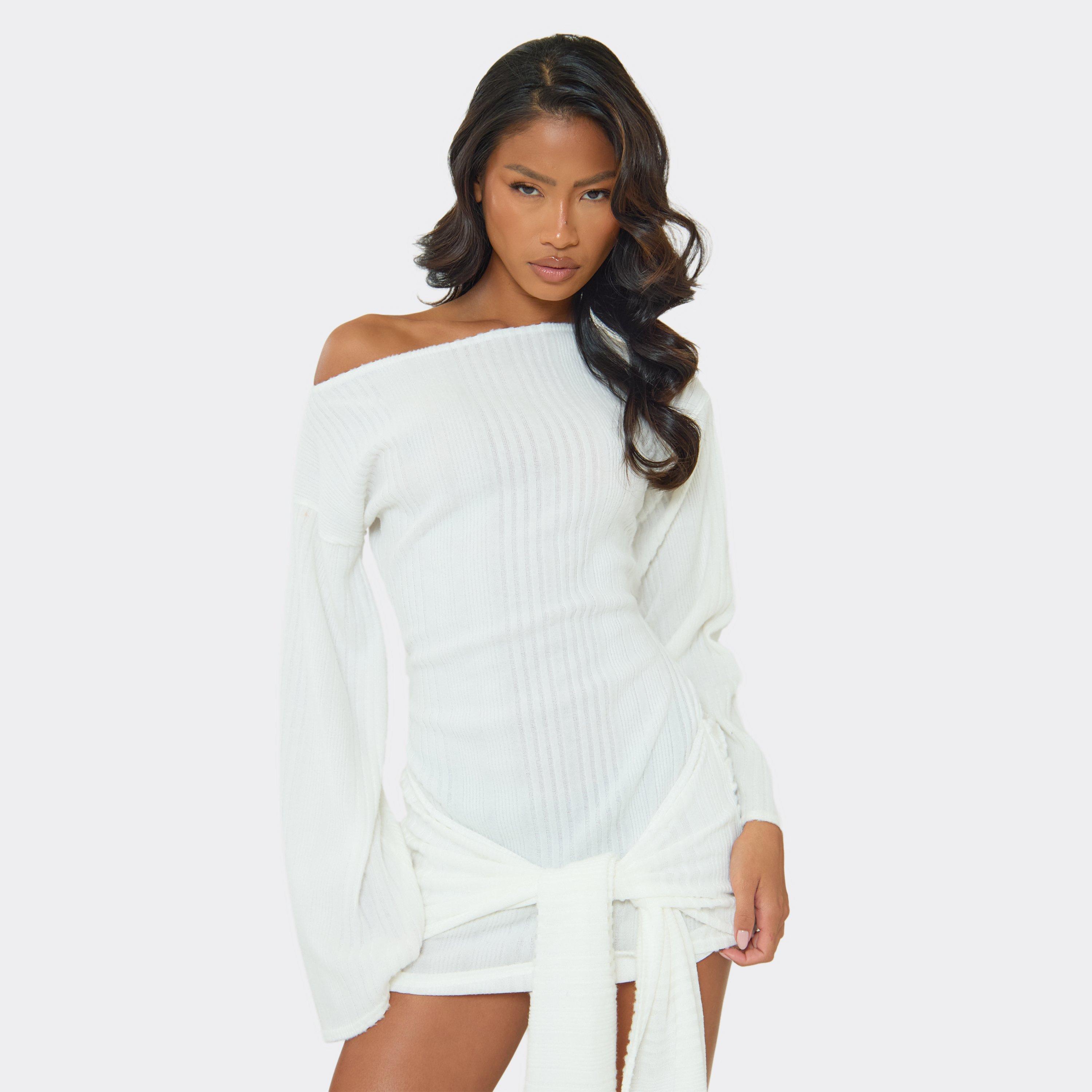 Flared Sleeve Mid Waist Wrap Detail Mini Dress In Cream Rib, Women’s