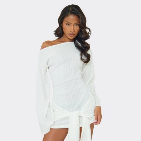 Flared Sleeve Mid Waist Wrap Detail Mini Dress In Cream Rib, Women's Size US