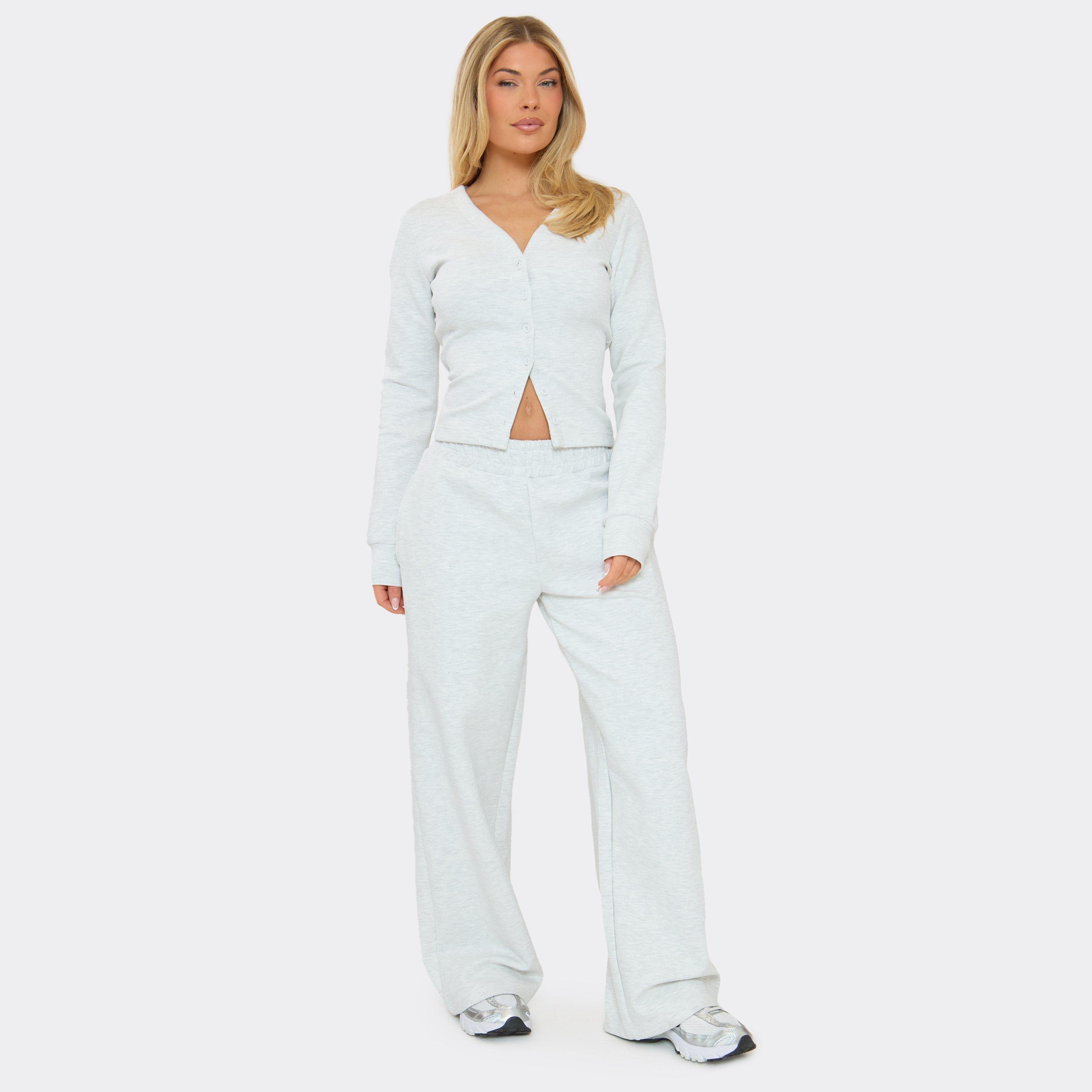 Low Rise Elastic Waistband Wide Leg Joggers In Light Grey Marl, Women’s