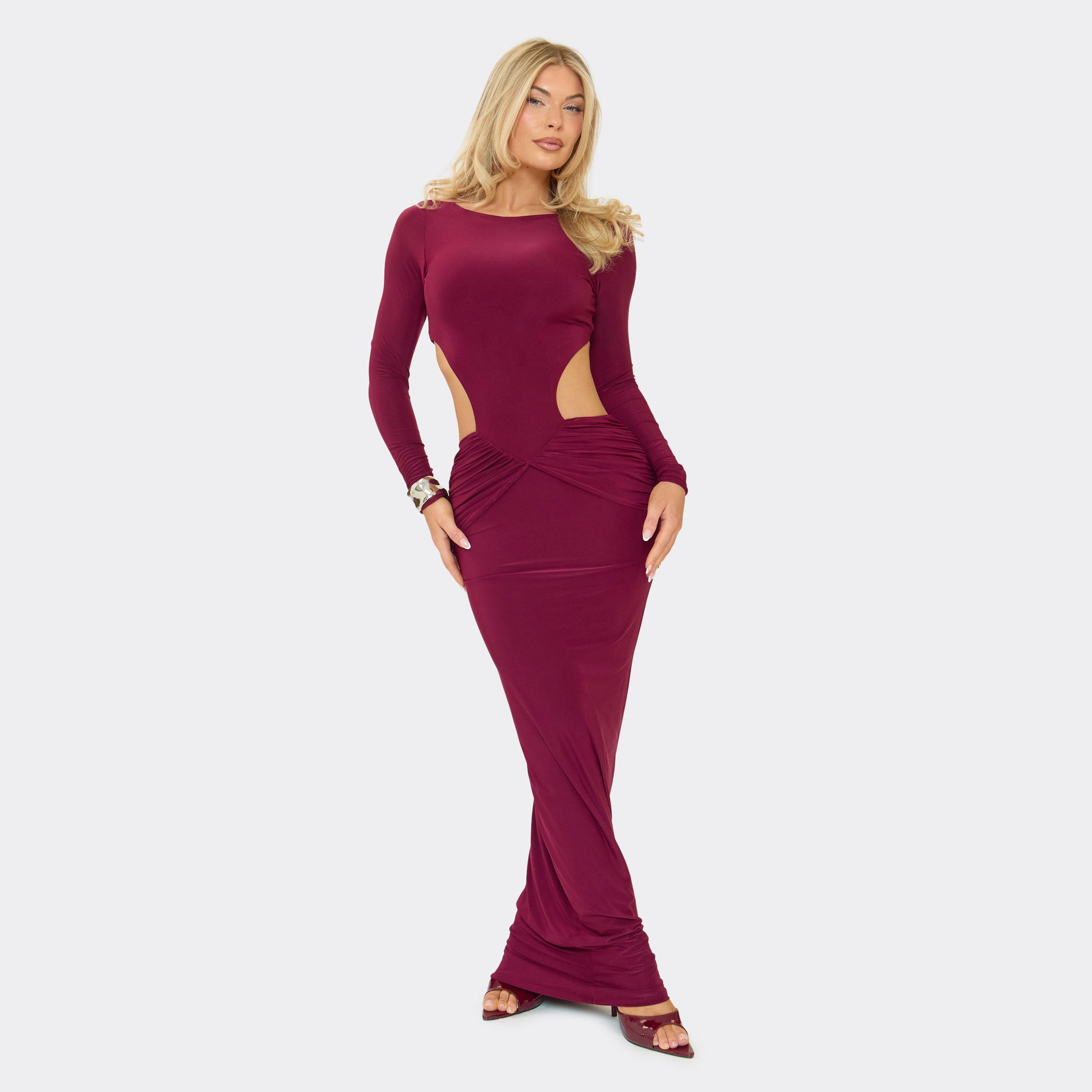 Long Sleeve Cut Out Ruched Detail Maxi Dress In Burgundy, Women's Size UK 6