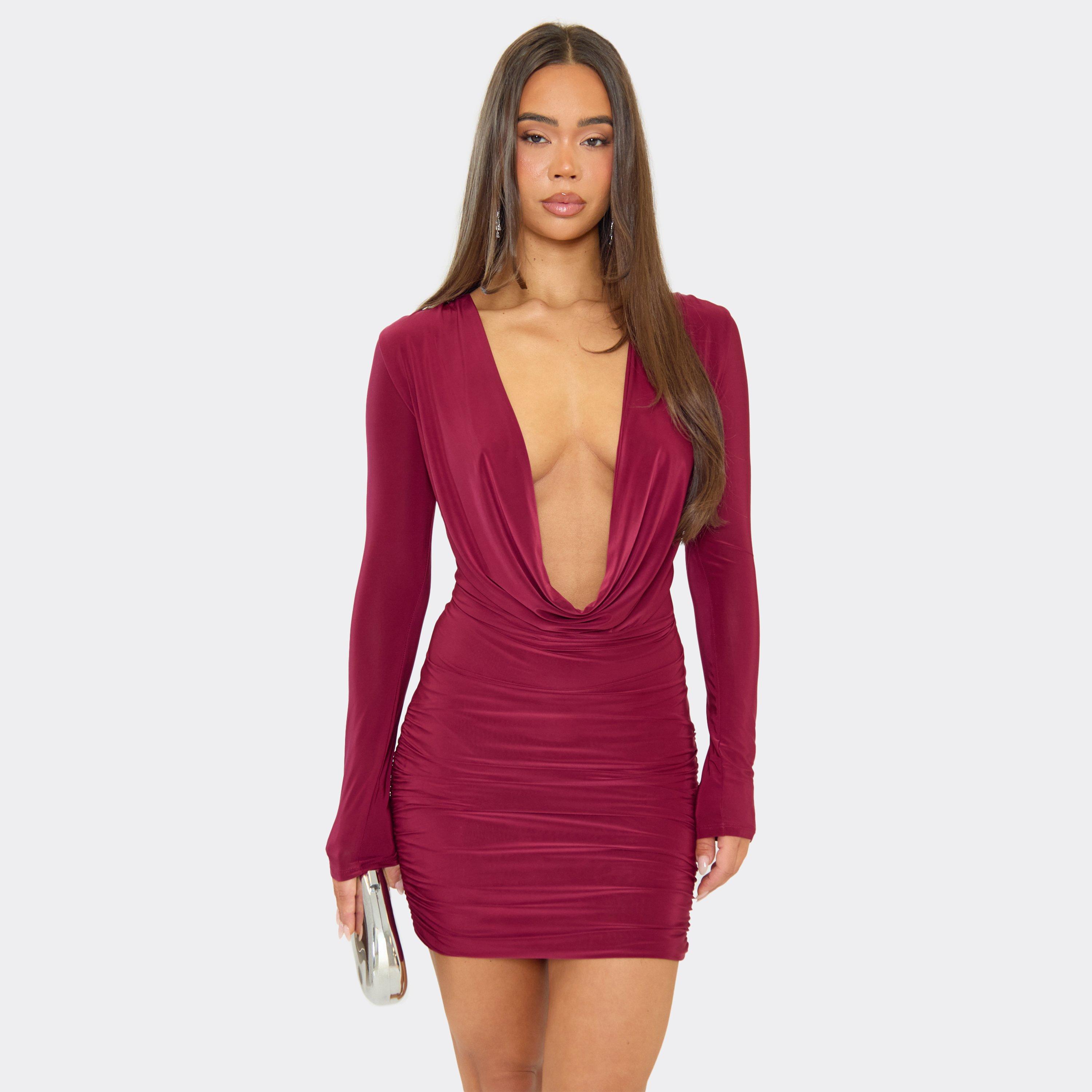 Long Sleeve Cowl Front Mini Dress In Burgundy Slinky, Women's Size UK 12