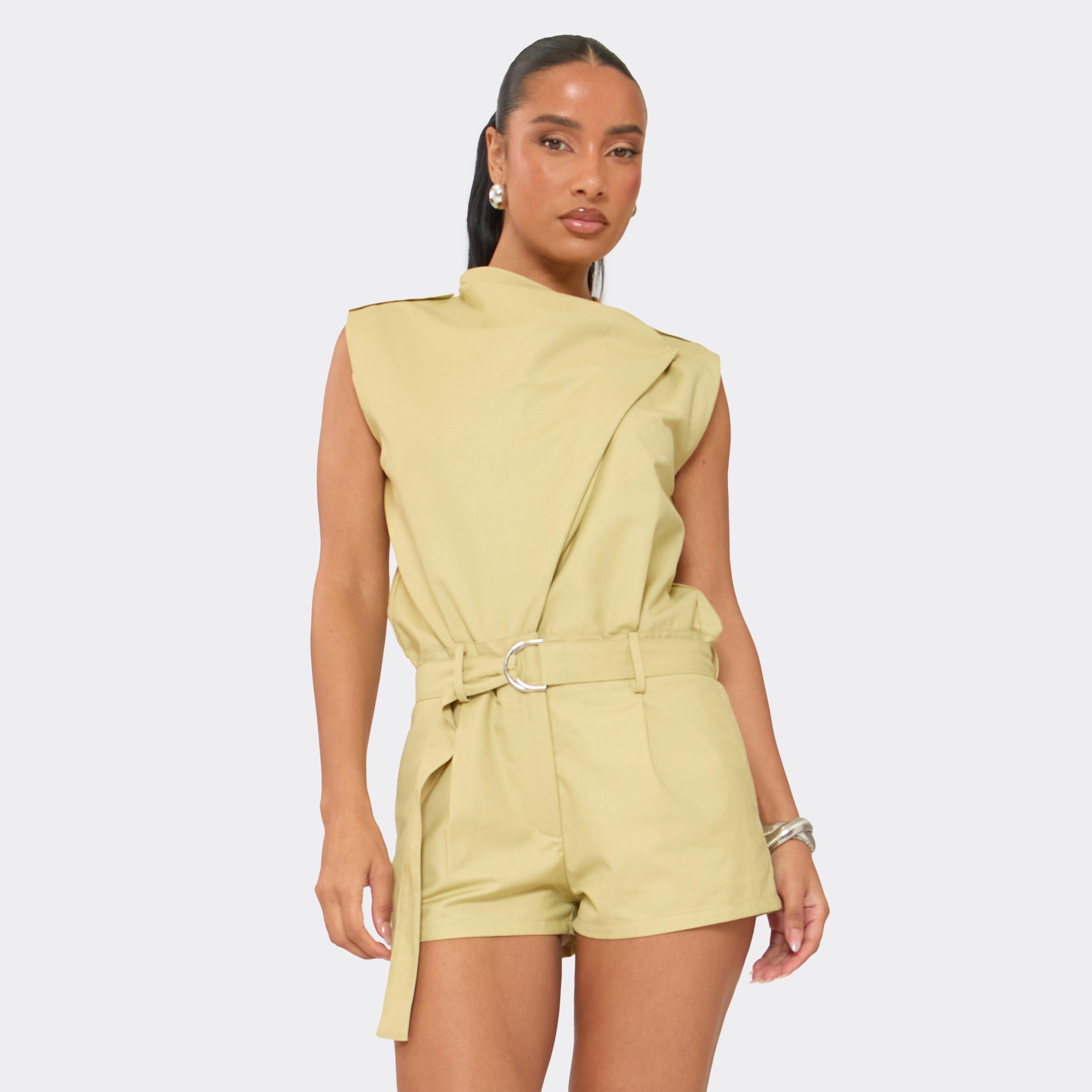 Sleeveless High Neck Trench Detail Playsuit In Stone, Women's Size UK 6