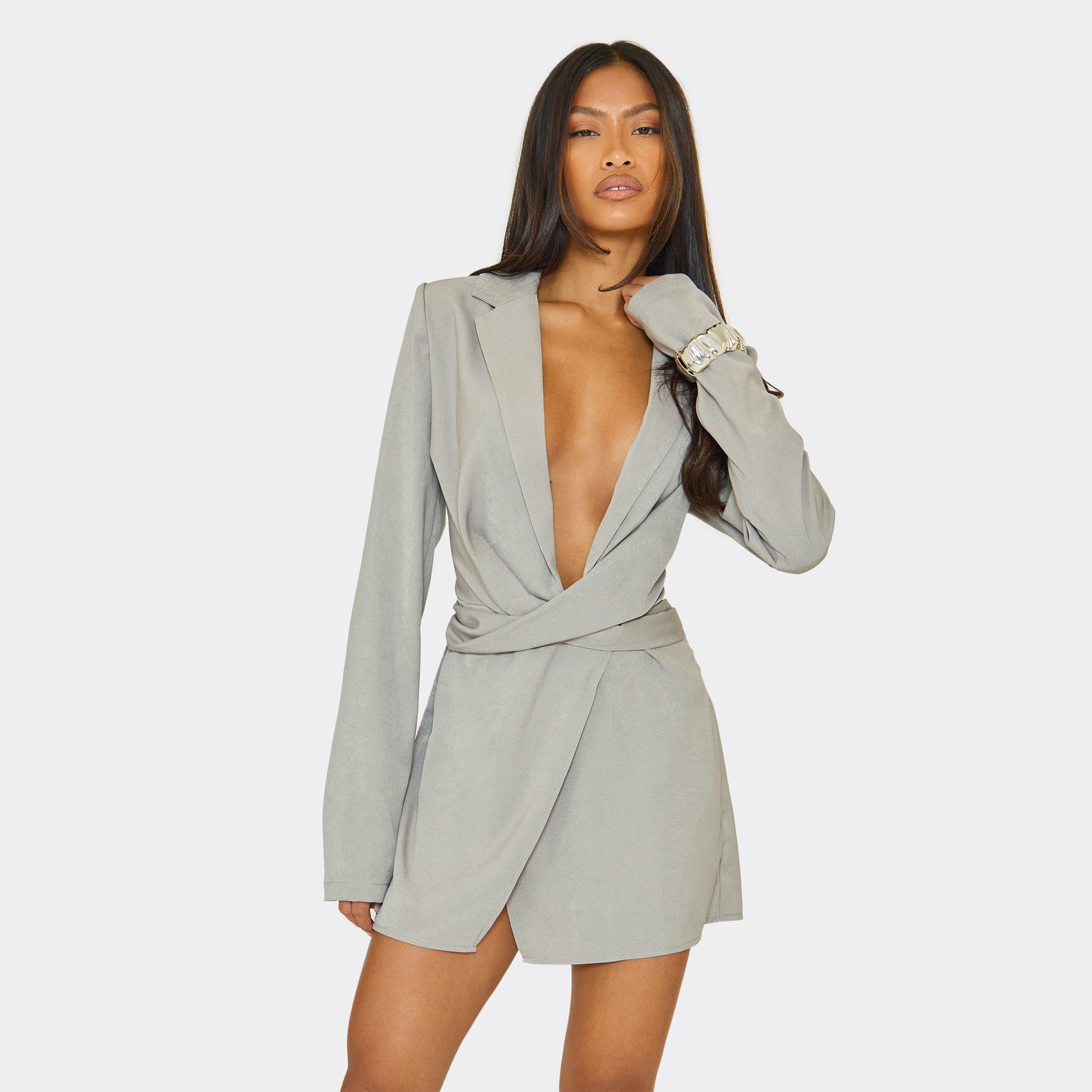 Long Sleeve Wrap Waist Blazer Dress In Grey Woven, Women’s