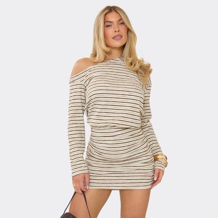 Long Sleeve Asymmetric Neck Slouchy Detail Mini Dress In Cream Stripe, Women's Size US