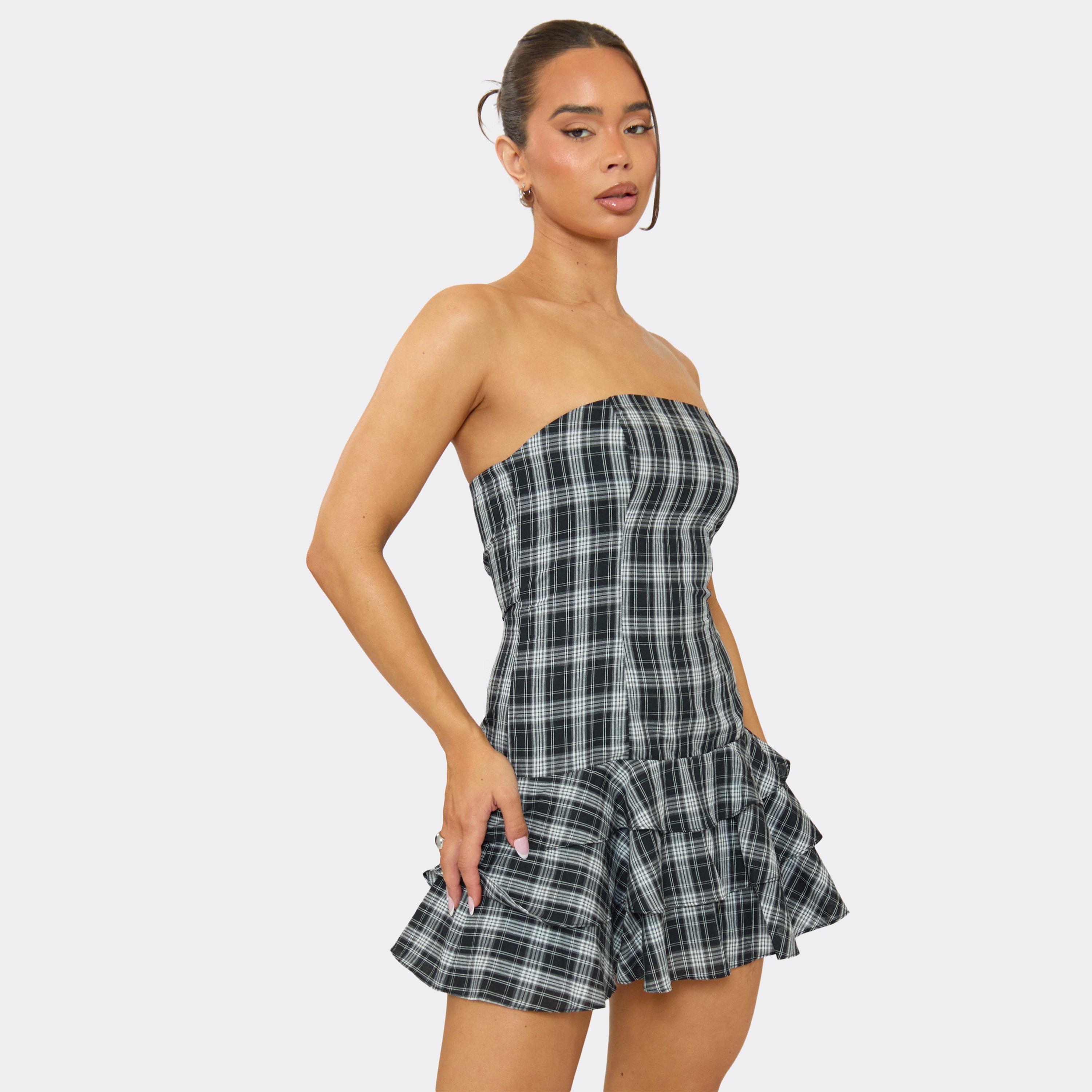 Bandeau Ruffle Hem Mini Dress In Blue Woven Check, Women’s