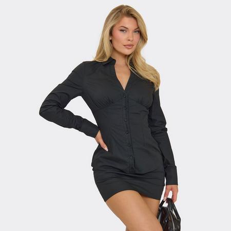 Cinched Waist Peplum Shirt Dress In Black Woven, Women's Size US