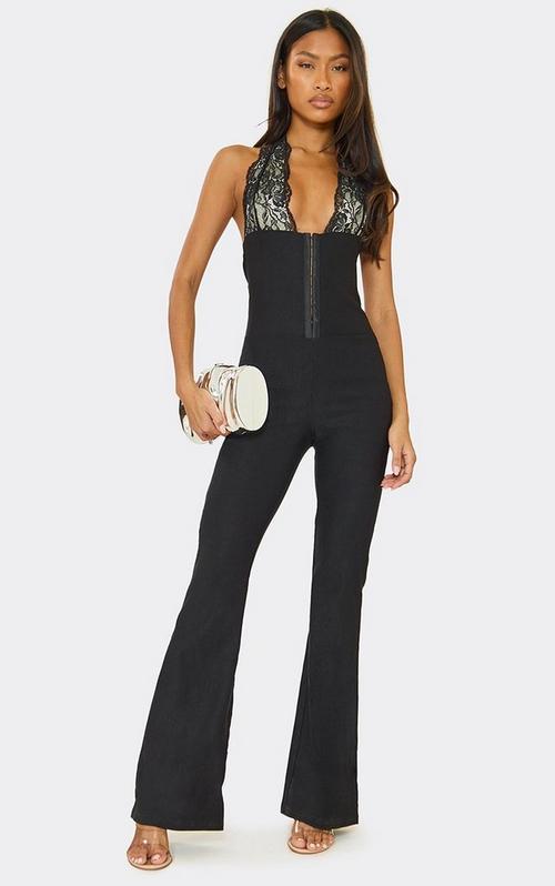 Plunge Neck Lace Up Corset Detail Flared Leg Jumpsuit In Black
