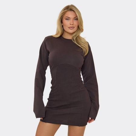 Flared Sleeve Corset Detail T-Shirt Dress In Chocolate Brown, Women's Size US