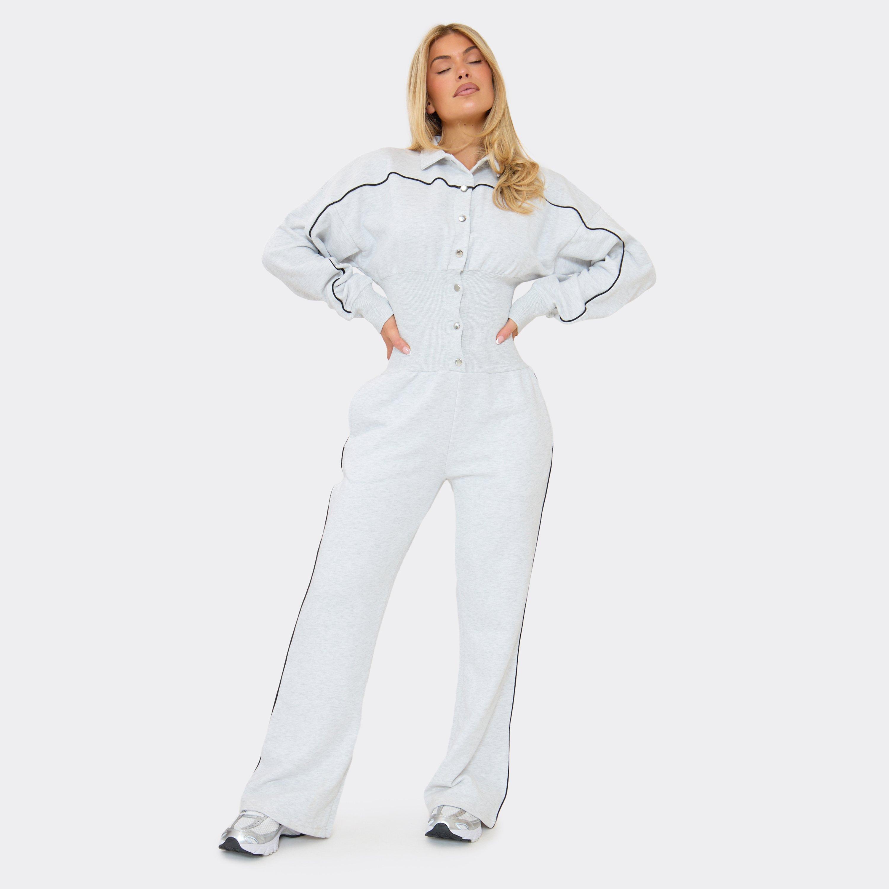 Image of Contrast Stripe Popper Detail Sweat Jumpsuit In Grey Marl, Women's