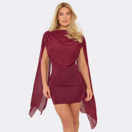 Mesh Cape Overlay Ruched Detail Mini Dress In Burgundy, Women's Size US