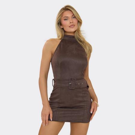 High Neck Belted Mini Dress In Brown Faux Suede, Women's Size US