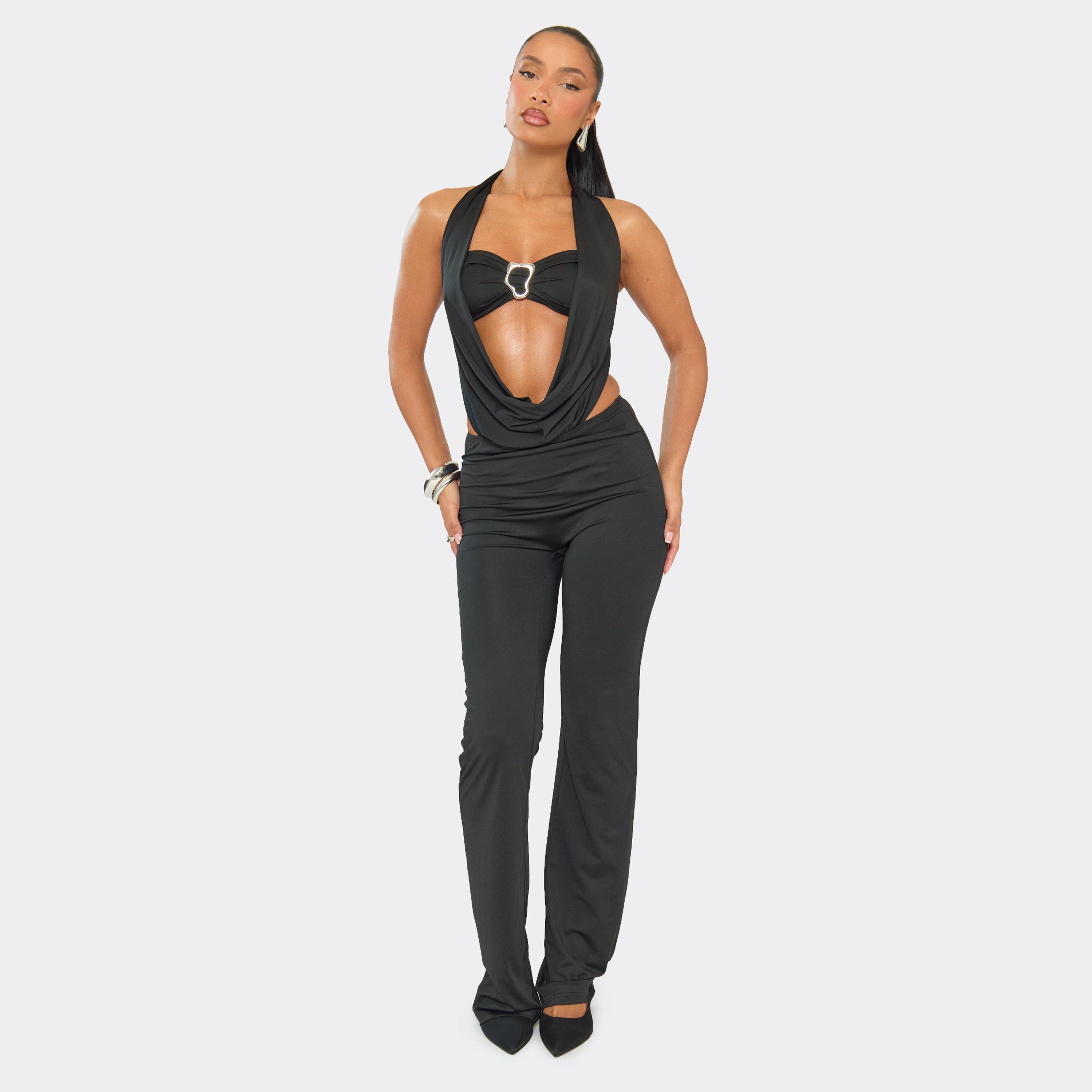 Image of Cowl Neck Trim Detail Flared Leg Jumpsuit In Black, Women's
