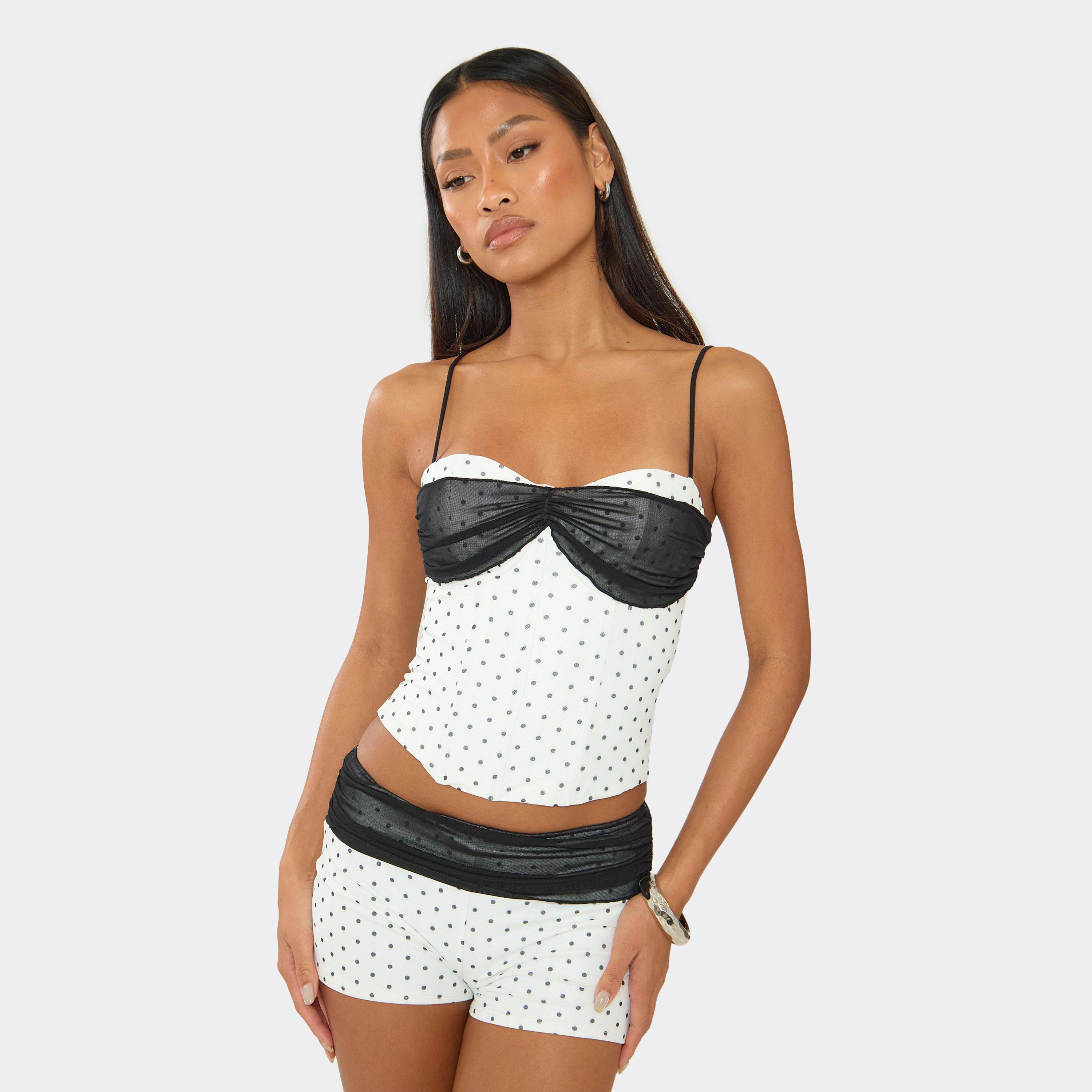 Strappy Mesh Overlay Corset Top In Cream Polka Dot Print, Women’s