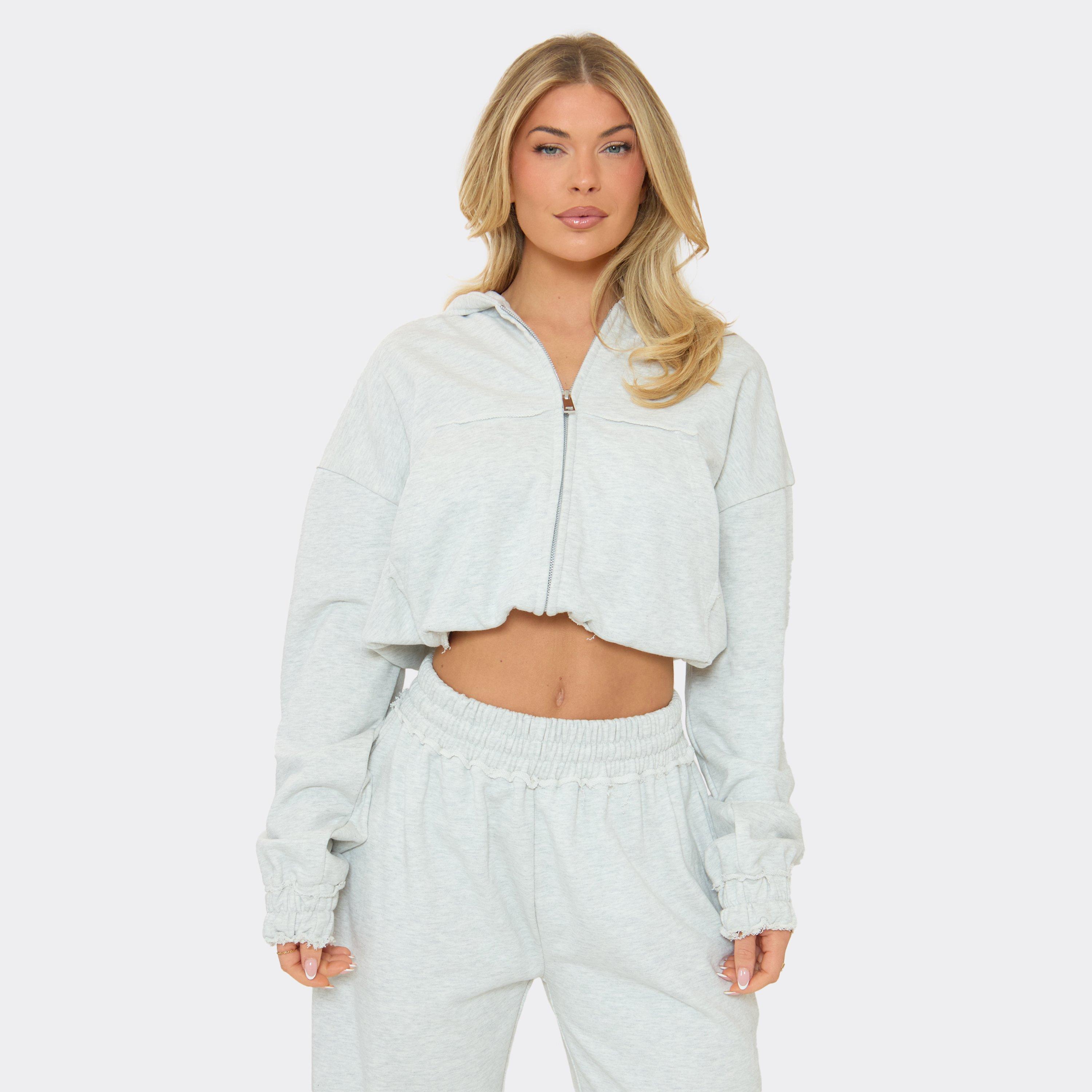 Toggle Hem Distressed Detail Boxy Zip Up Hoodie In Light Grey Marl, Women's Size UK 6