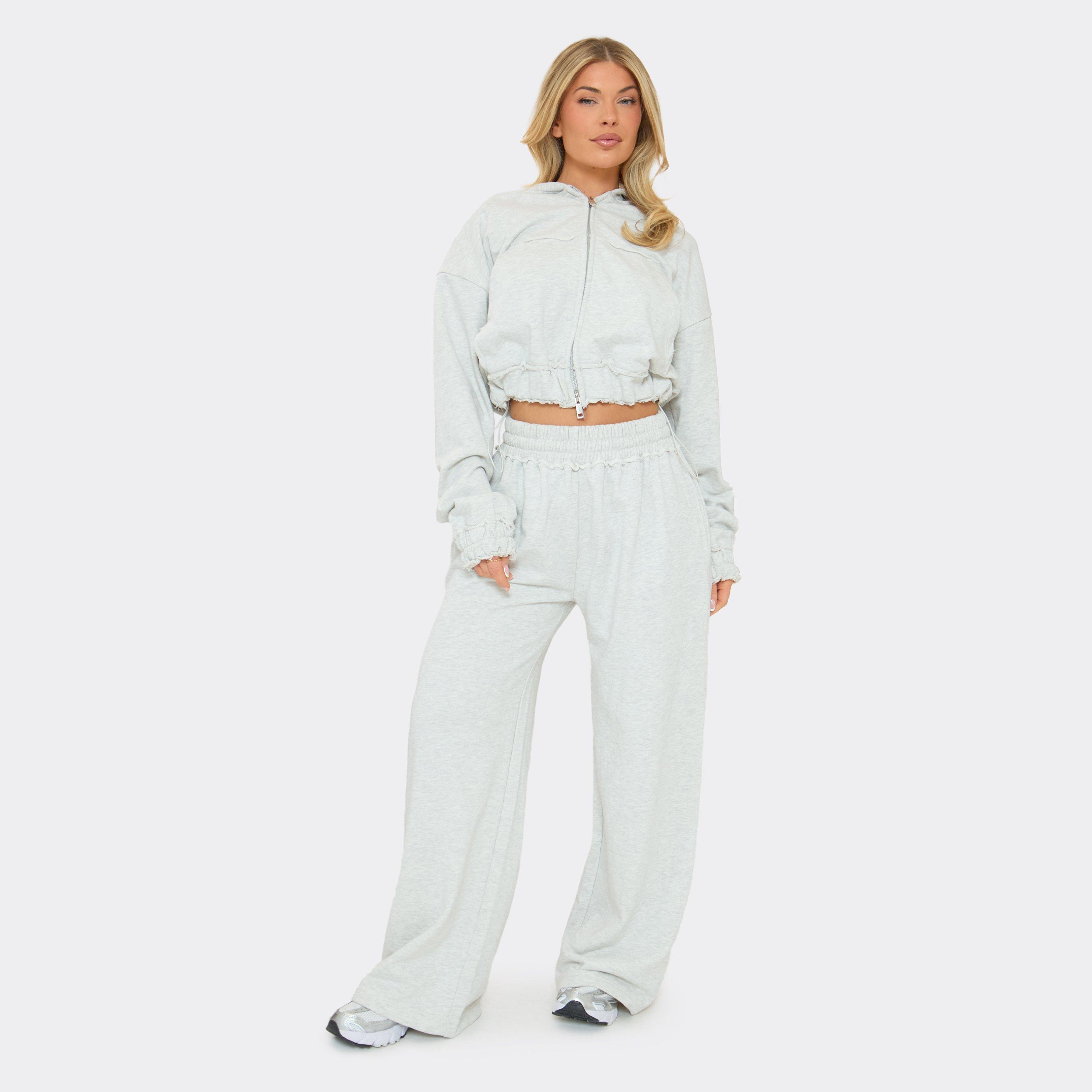 Mid Rise Distressed Detail Wide Leg Joggers In Light Grey Marl, Women’s