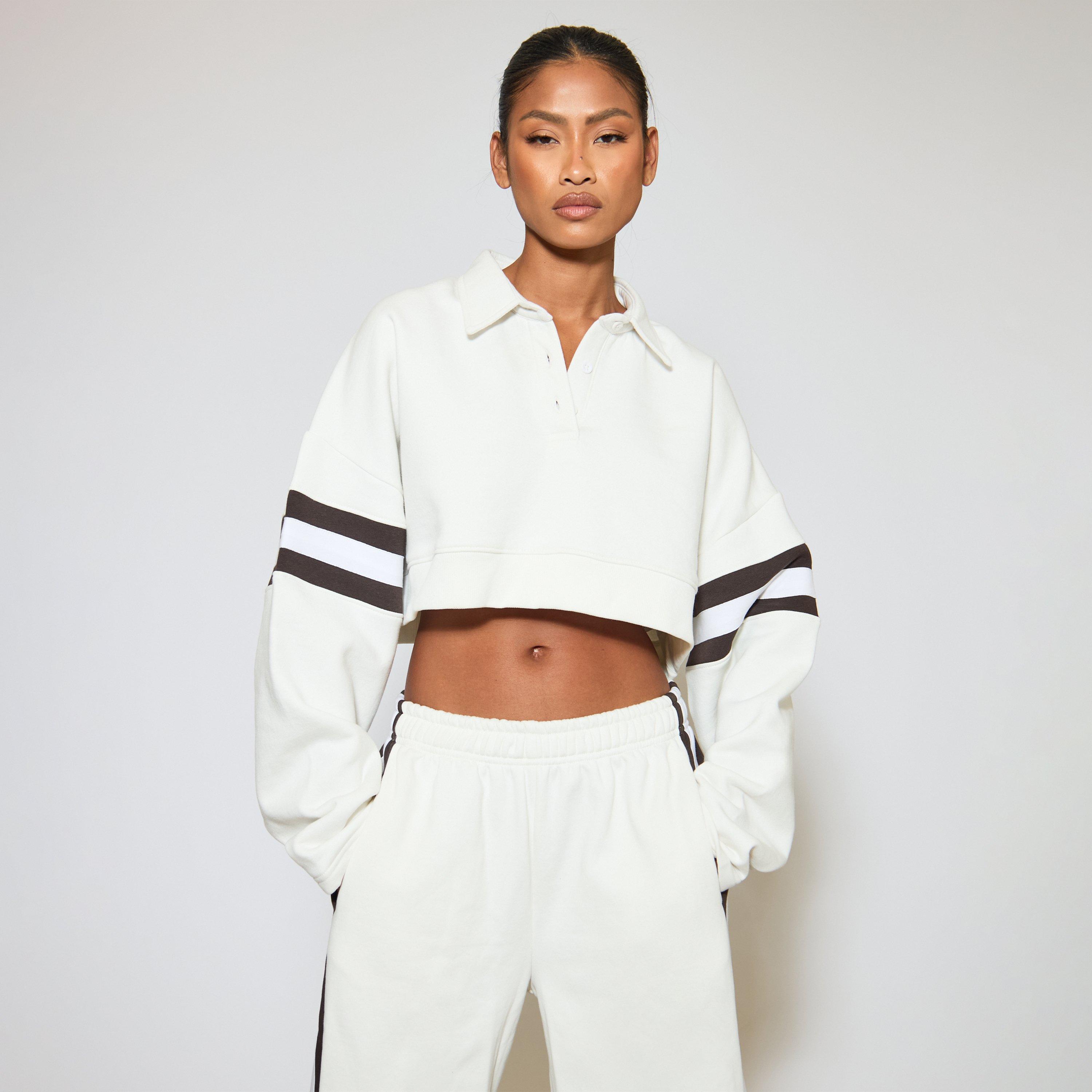 Image of Contrast Stripe Cropped Polo Sweatshirt In Cream, Women's