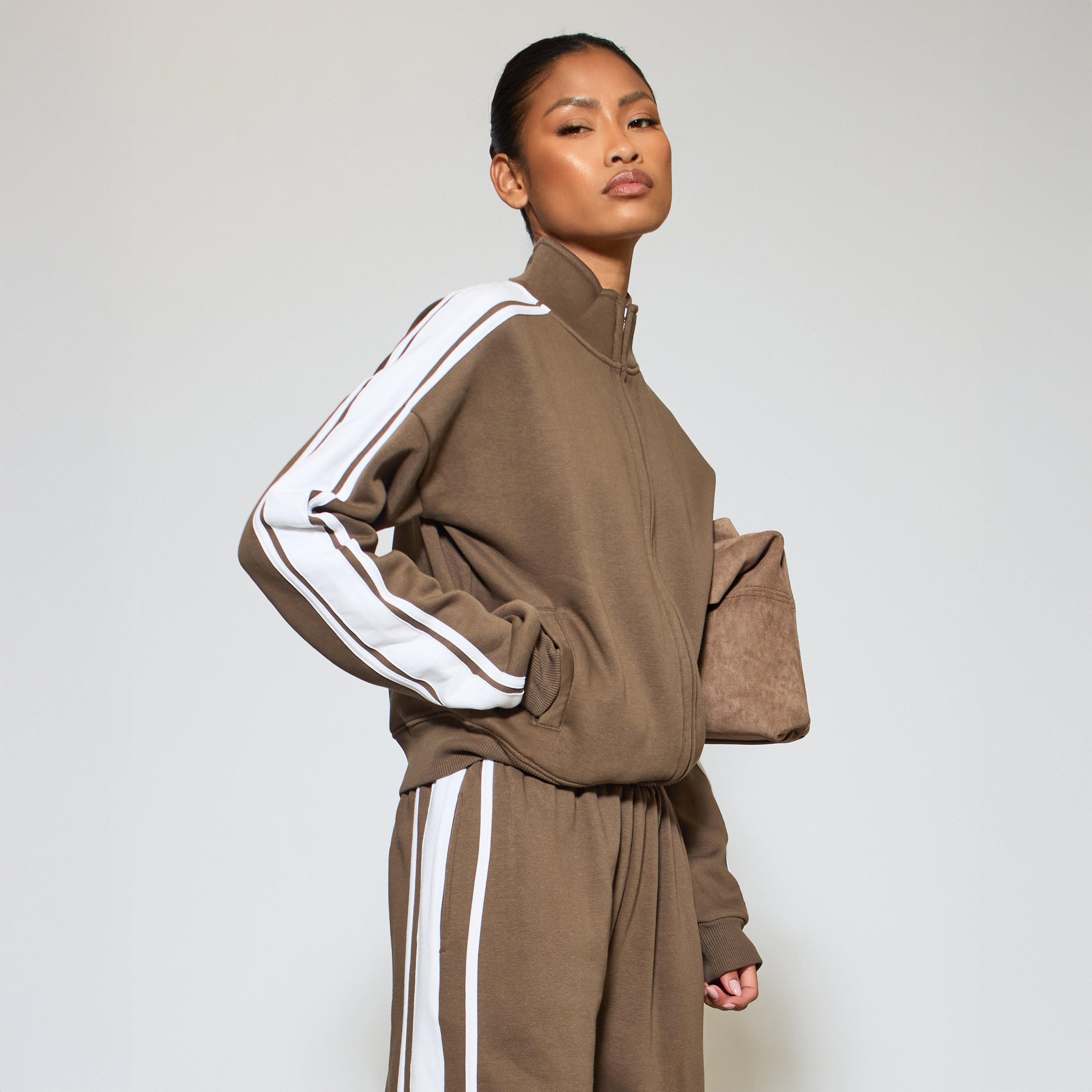 Contrast Stripe High Neck Zip-Up Sweatshirt In Brown, Women's Size UK 12