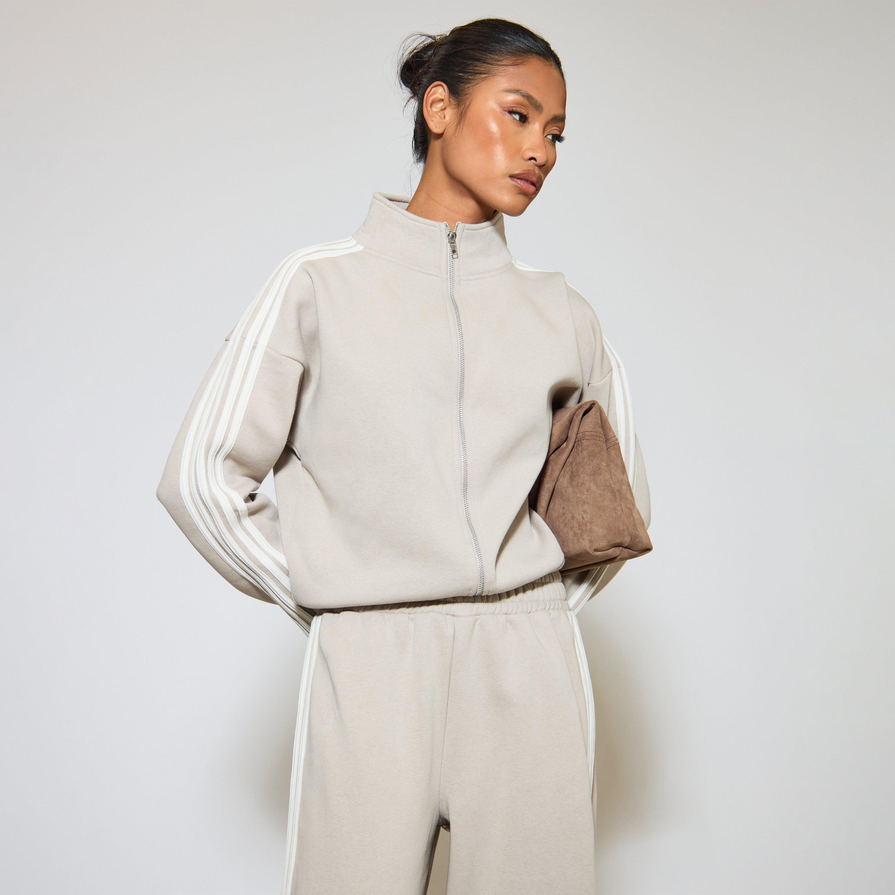 Image of High Neck Side Stripe Zip-Up Sweatshirt In Taupe, Women's