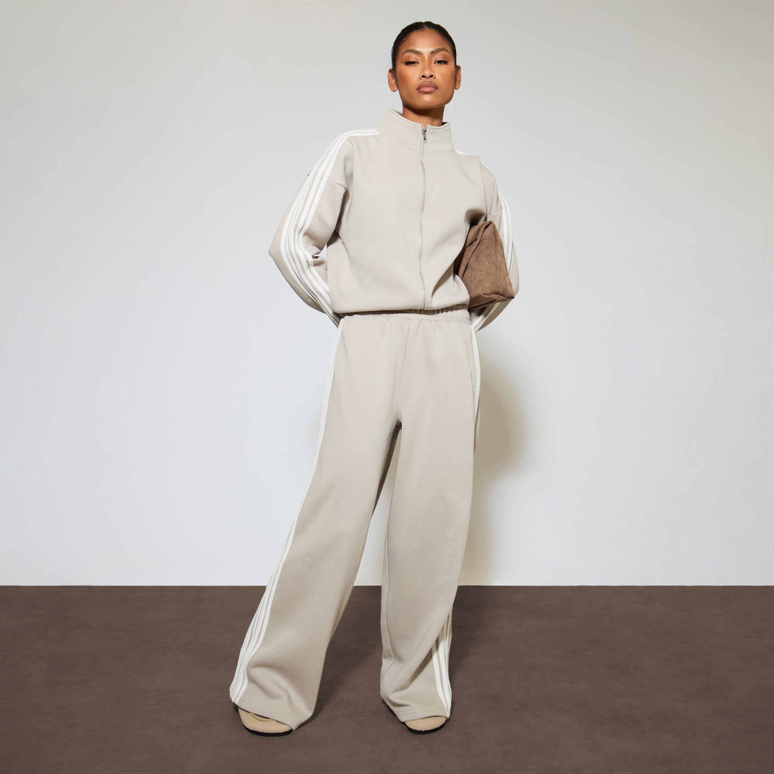 Mid Rise Side Stripe Wide Leg Joggers In Taupe, Women’s