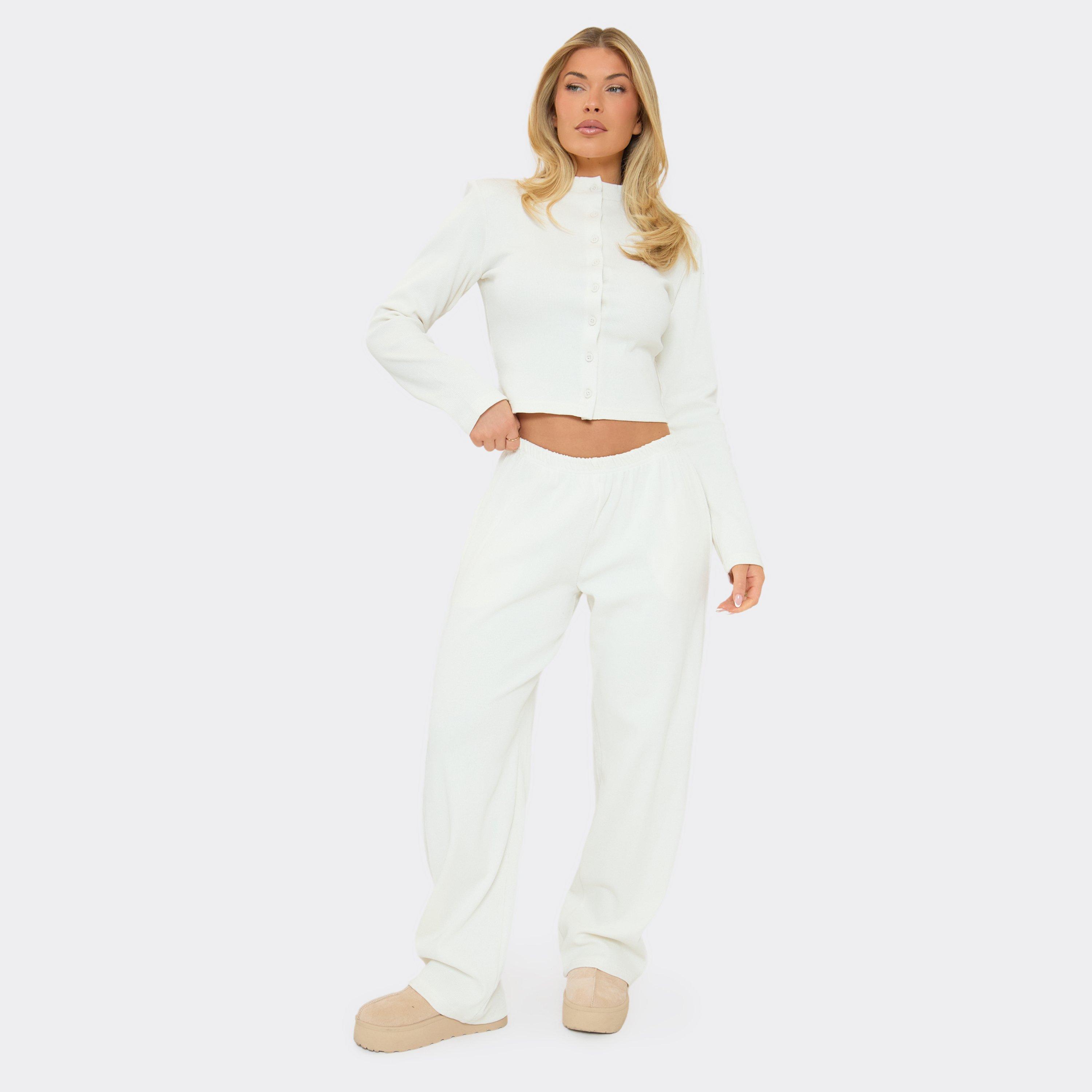 Image of Mid Rise Elastic Waist Detail Wide Leg Trousers In Cream Ribbed, Women's
