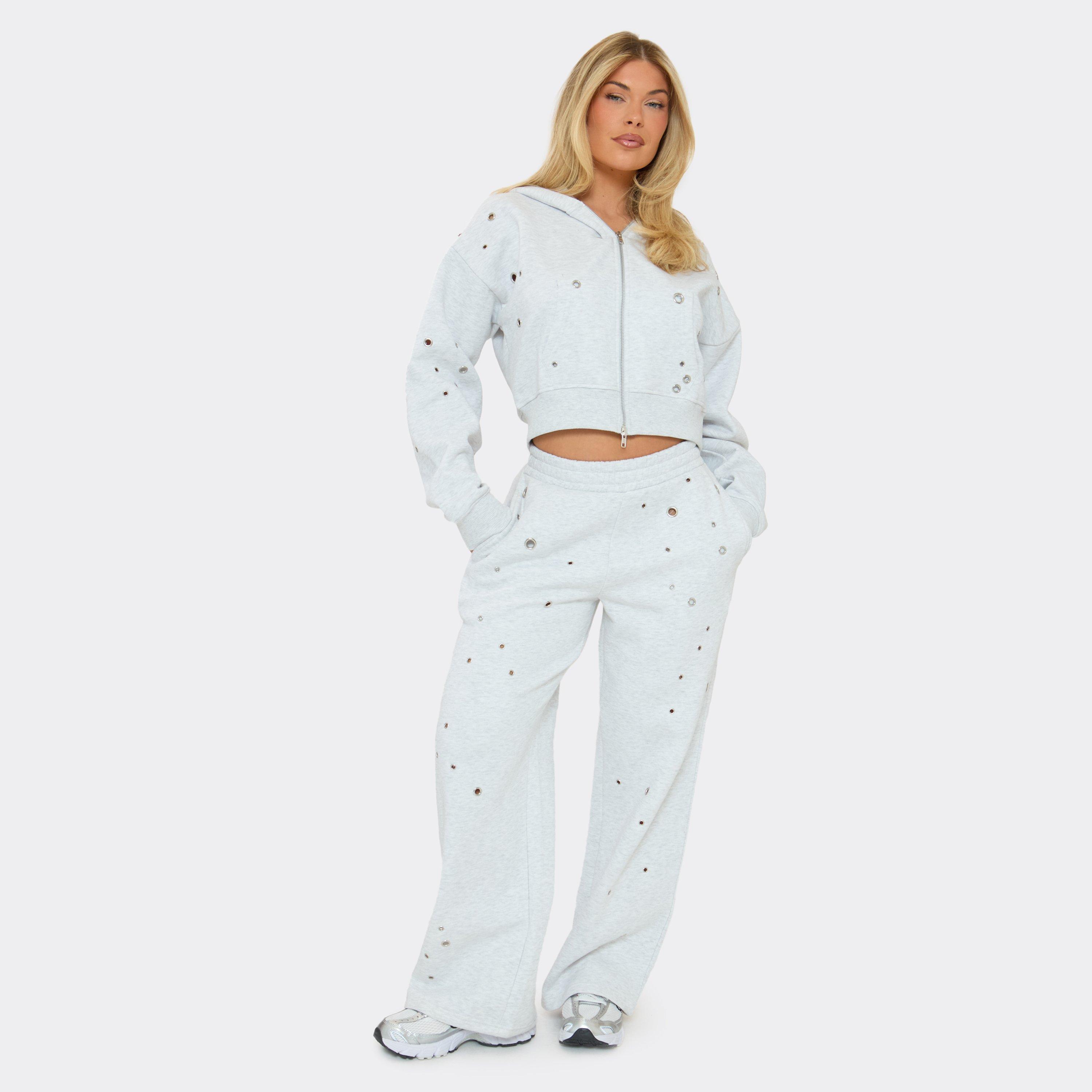 Low Rise Eyelet Detail Wide Leg Joggers In Light Grey Marl, Women’s