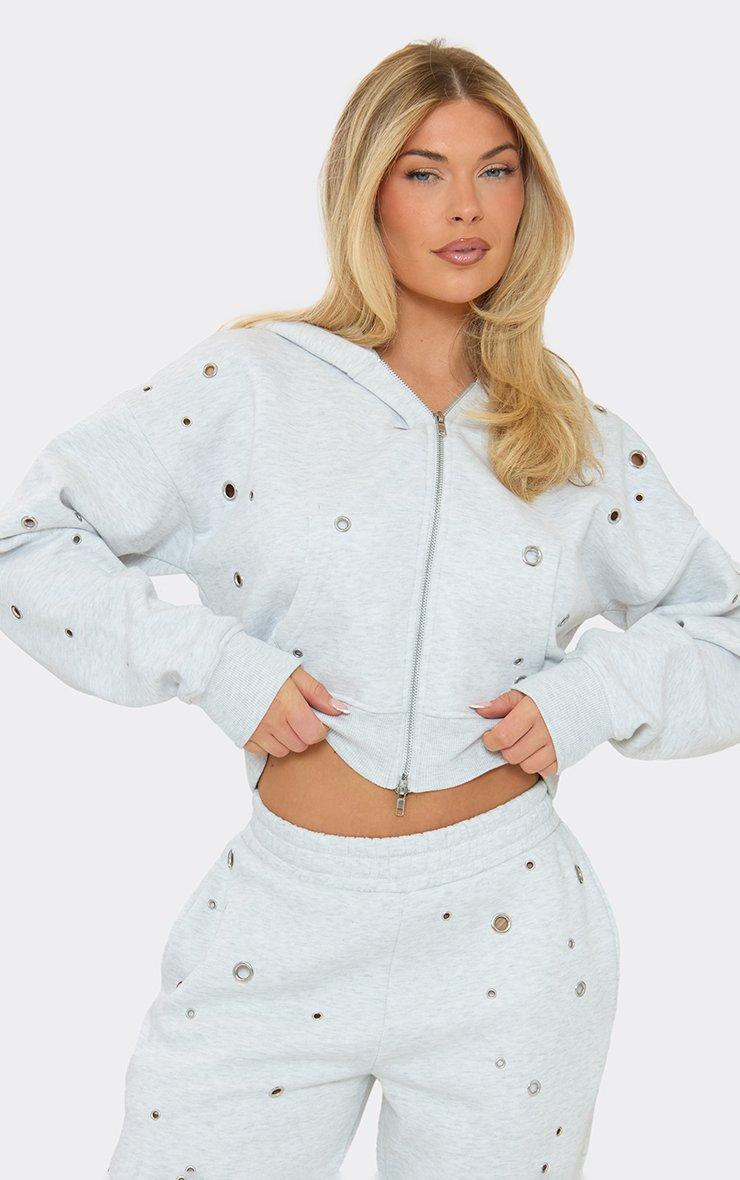 Eyelet Detail Boxy Zip-Up Hoodie In Light Grey Marl | EGO US | EGO