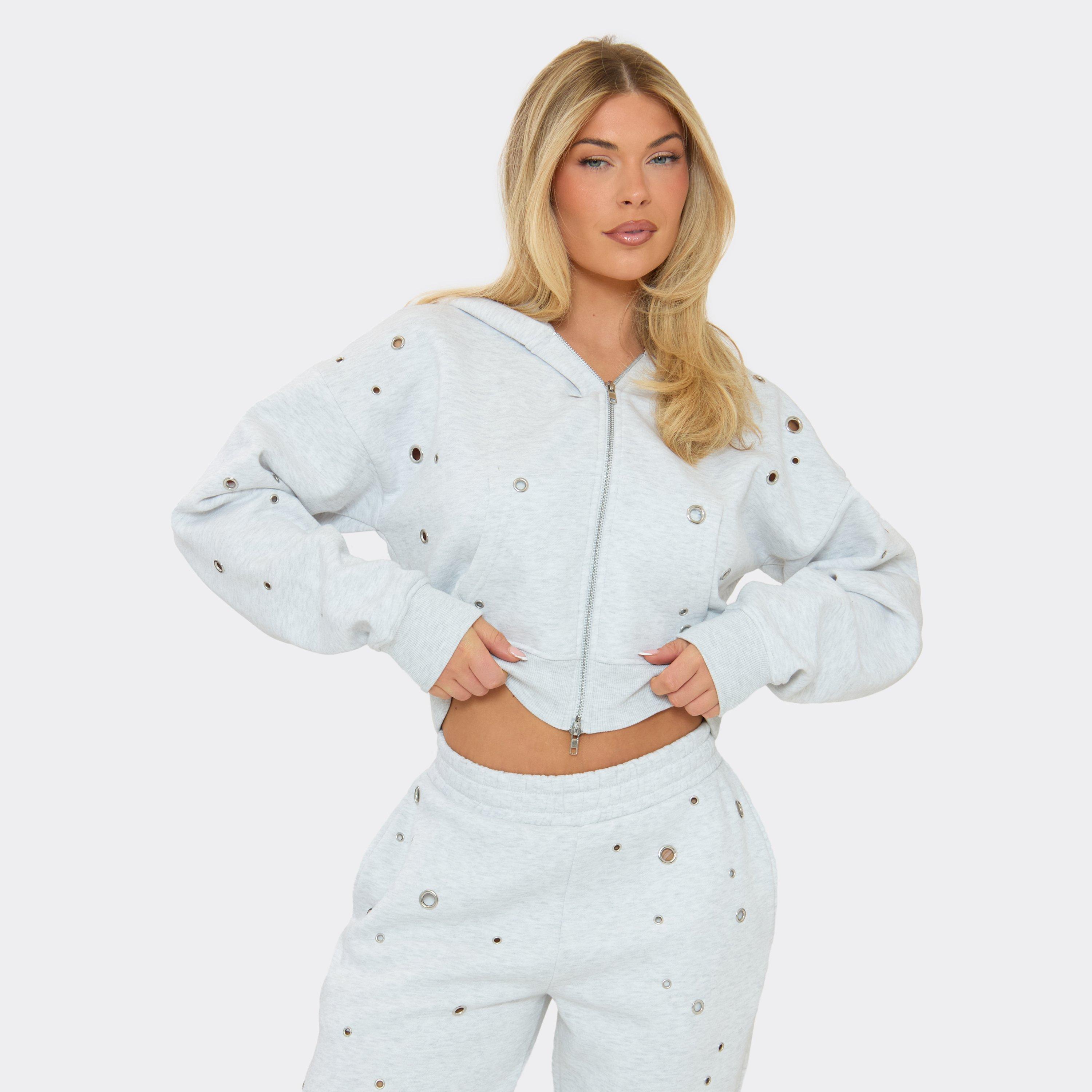 Eyelet Detail Boxy Zip-Up Hoodie In Light Grey Marl, Women’s