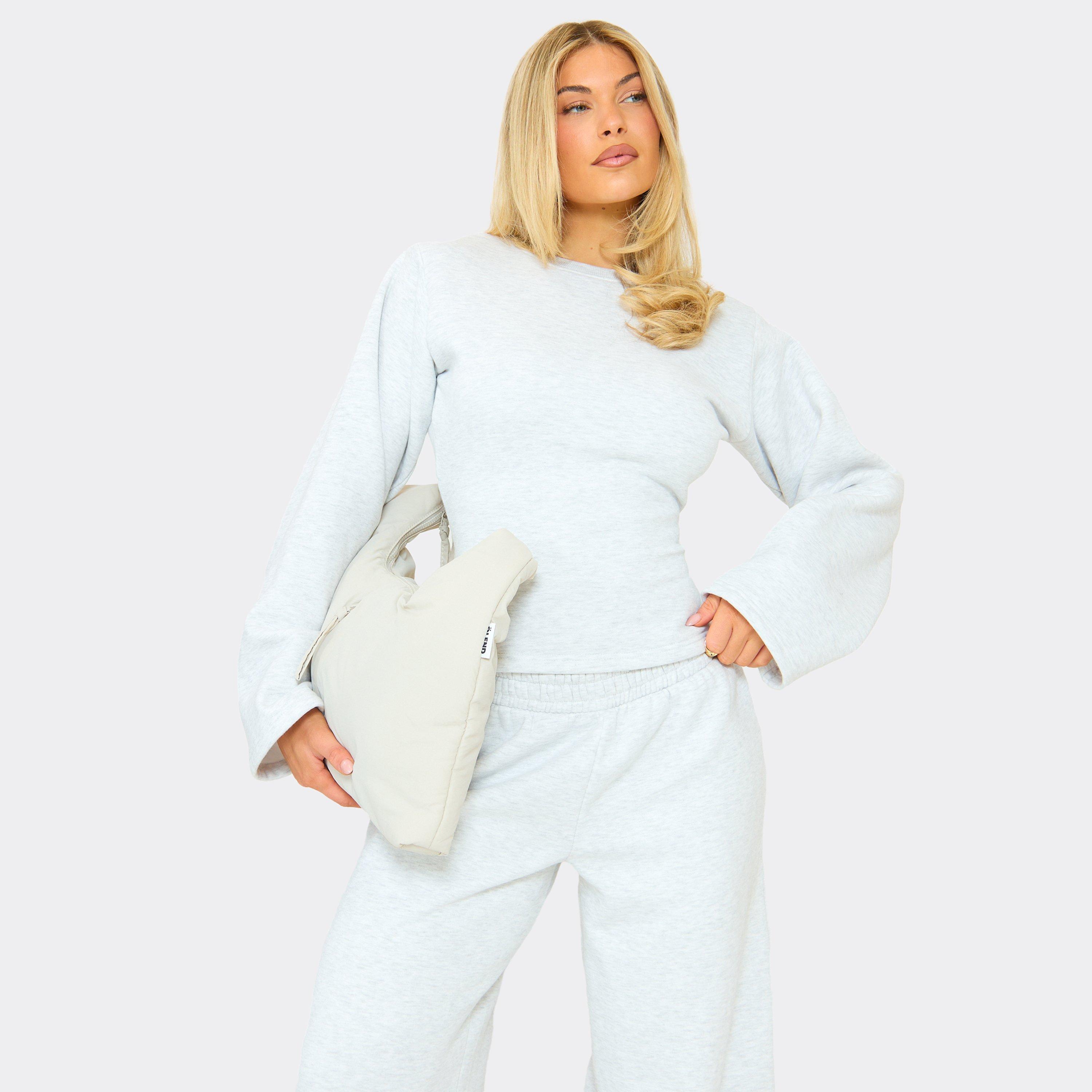 Image of Flared Sleeve Shoulder Pad Detail Cinched Sweatshirt In Light Grey Marl, Women's