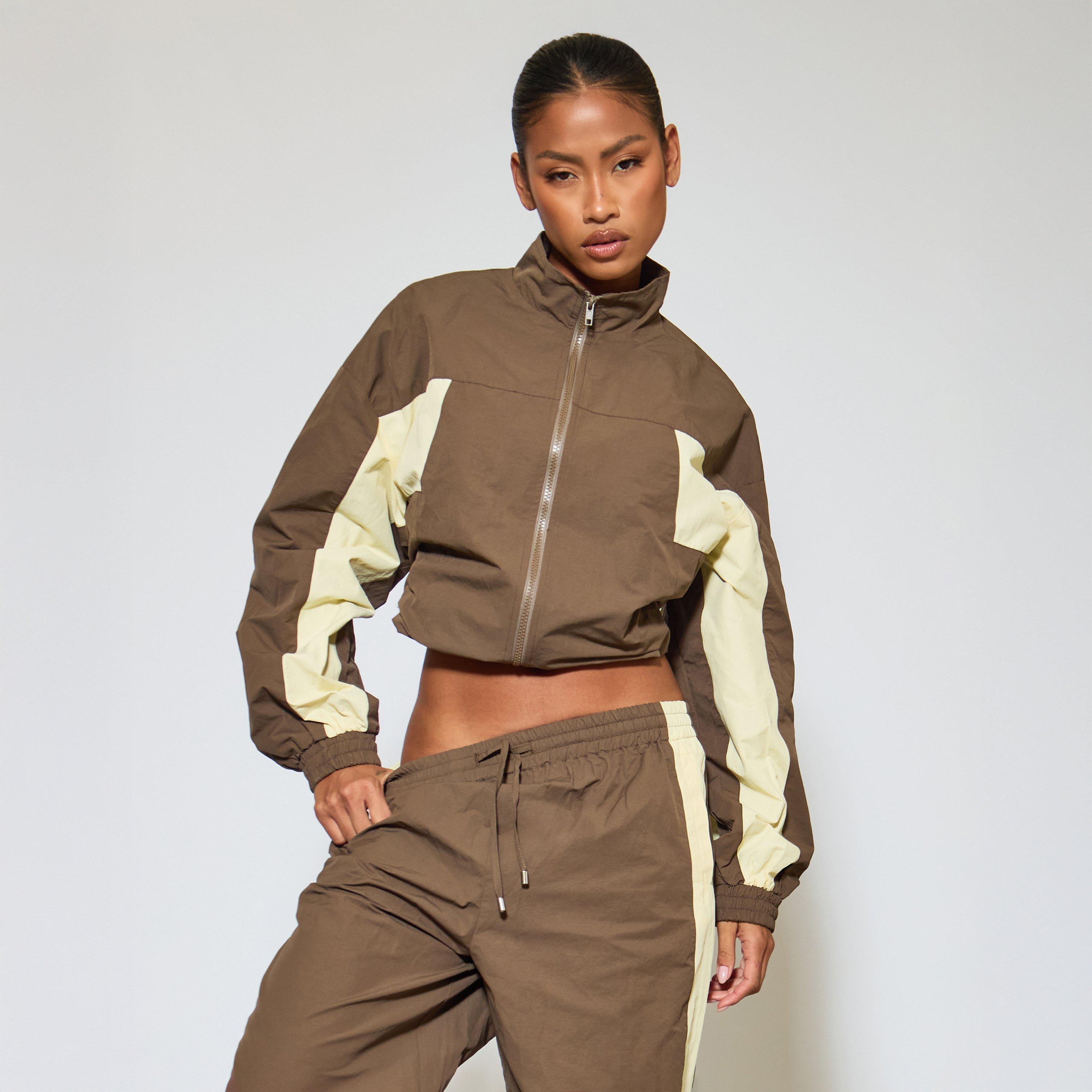 High Neck Zip-Up Contrast Detail Track Jacket In Brown Shell, Women’s