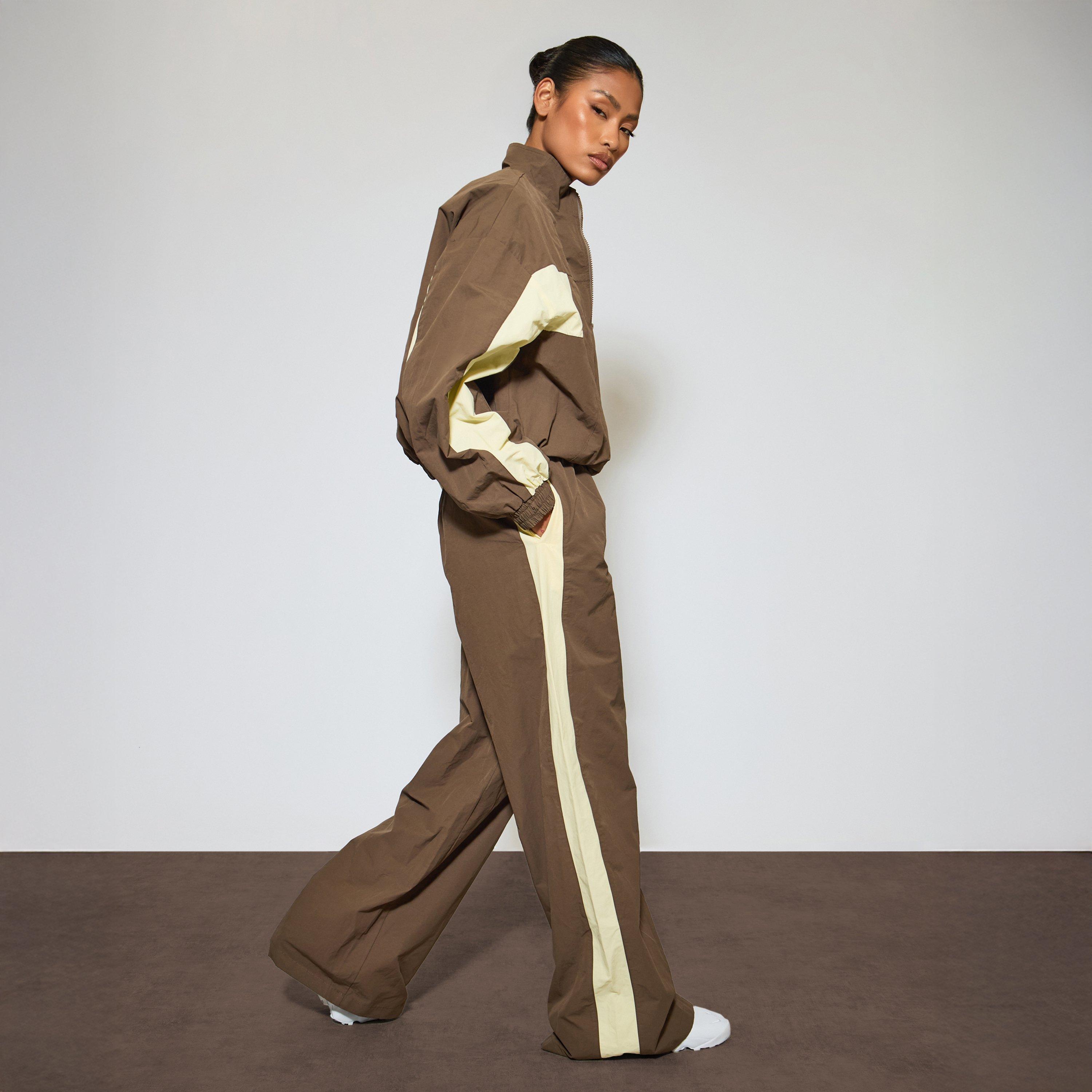 Low Rise Drawstring Side Stripe Wide Leg Track Pants In Brown Shell, Women’s