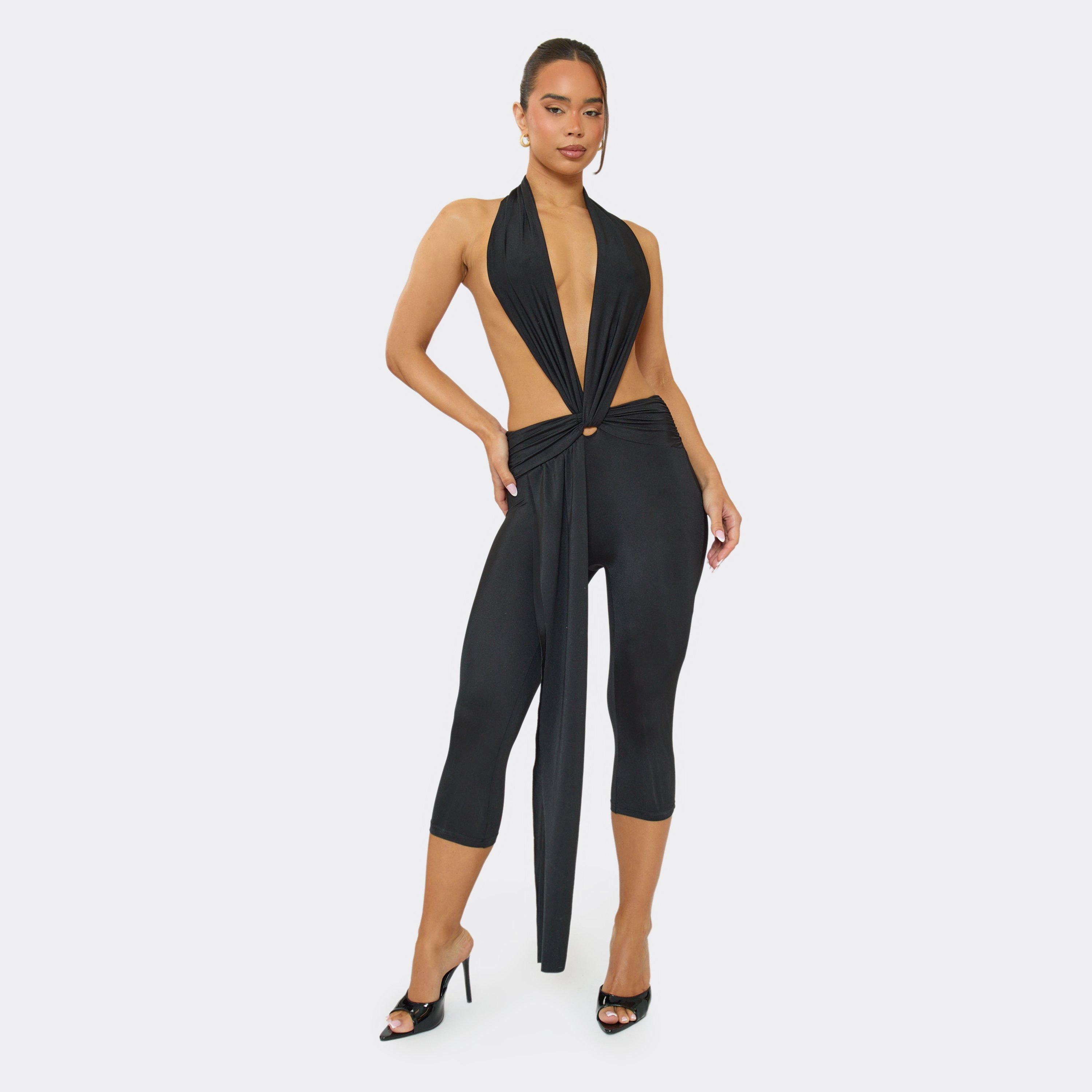 Image of Extreme Cut Out Drape Detail Jumpsuit In Black, Women's Size UK L