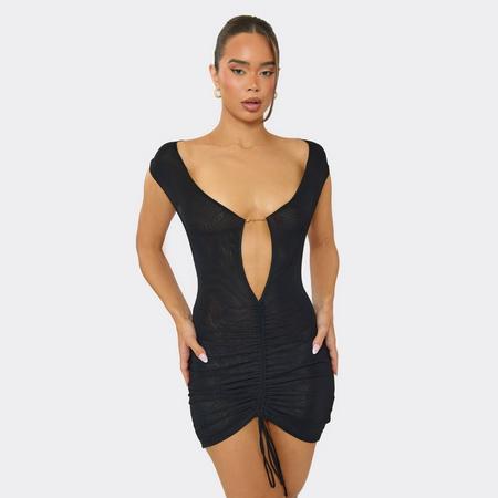 Off The Shoulder Cut Out Ruched Gold Trim Detail Mini Dress In Black, Women's Size US