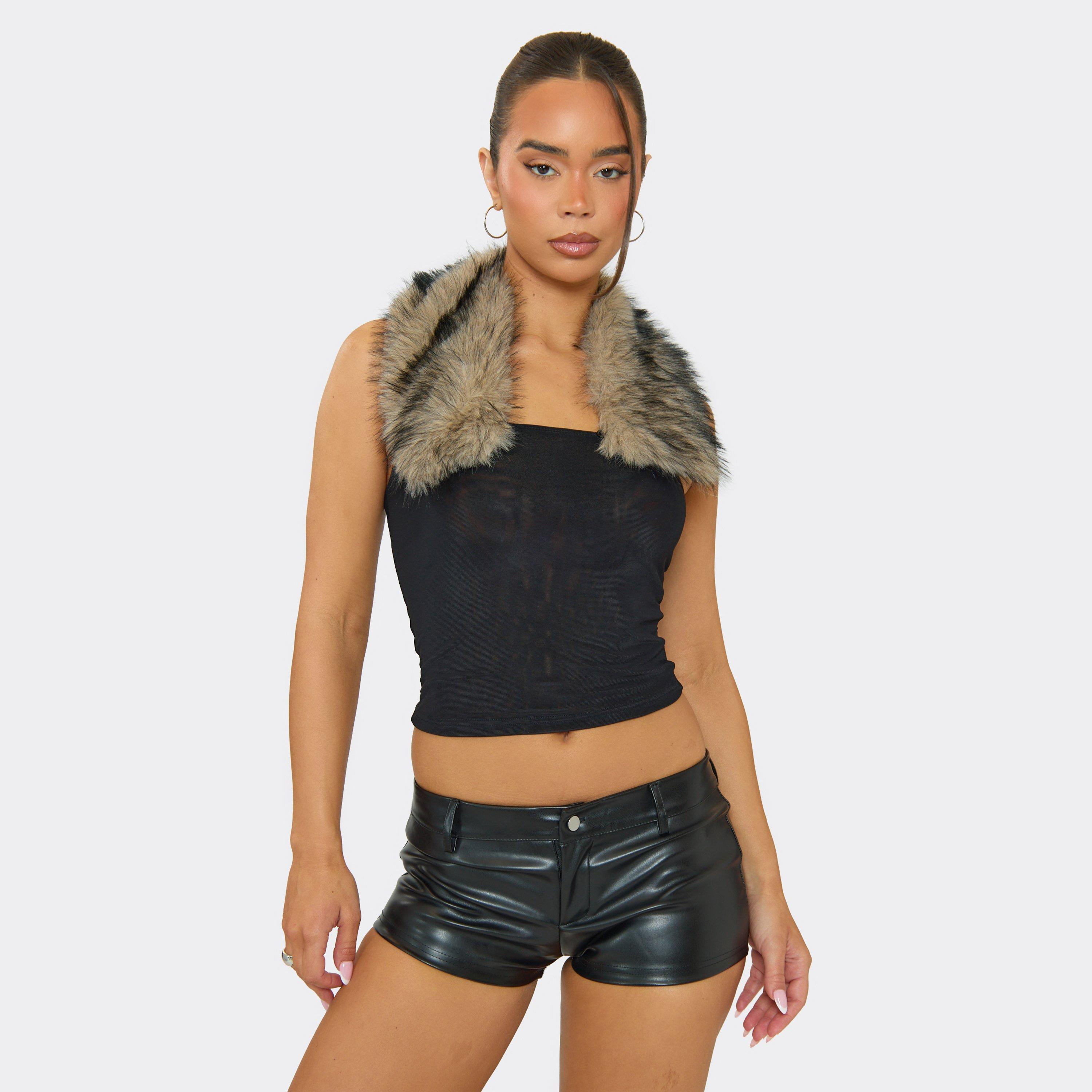 Image of Collared Faux Fur Trim Detail Top In Black, Women's Size UK M