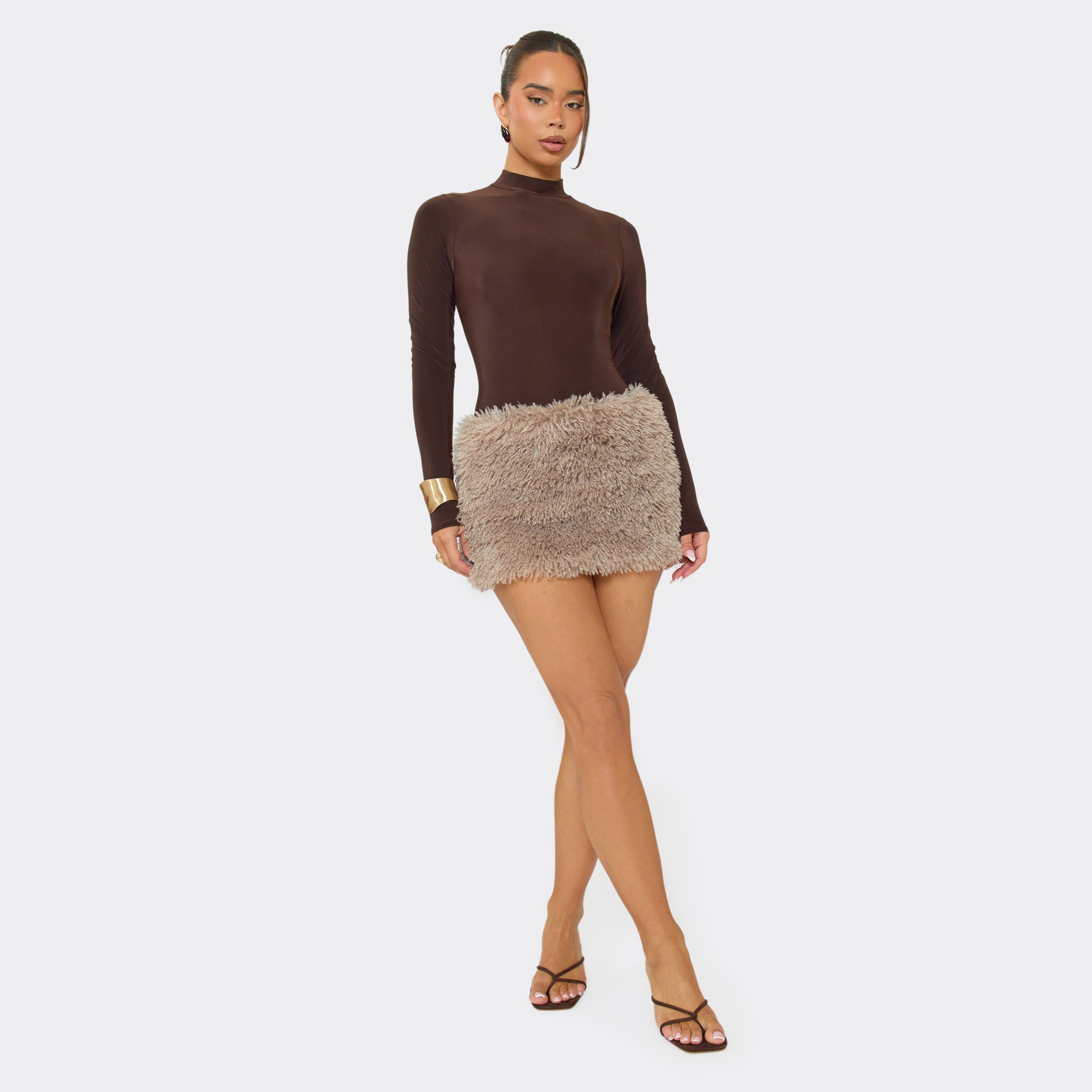 Mid Rise Mini Skirt In Grey Faux Fur, Women’s