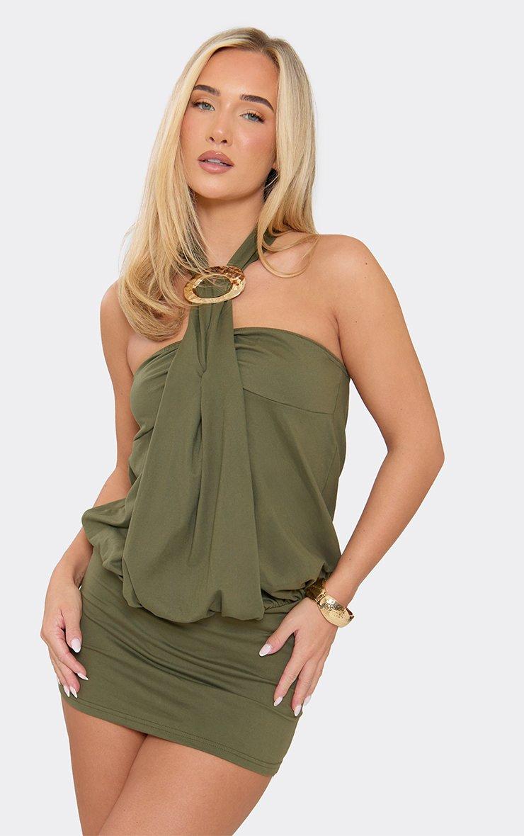 Halterneck Gold Trim Detail Drape Front Mini Dress In Khaki