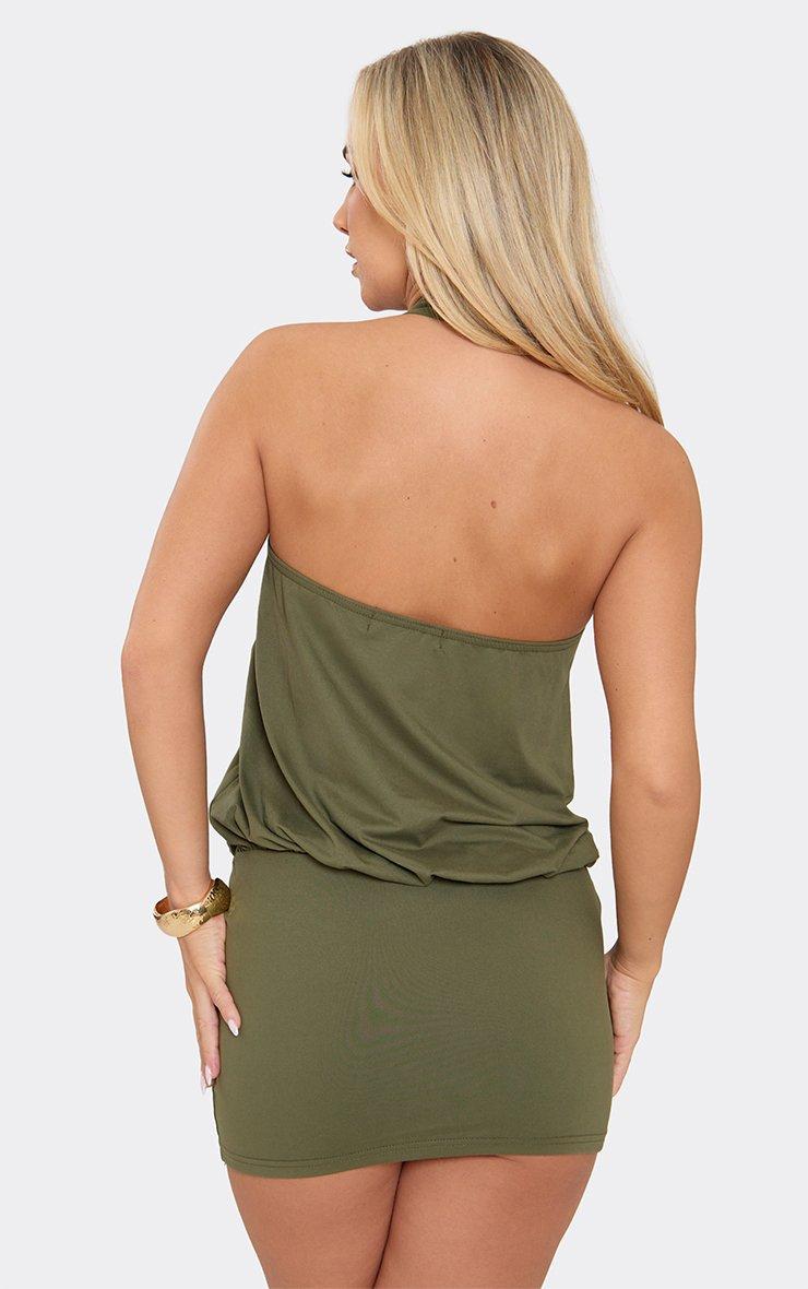 Halterneck Gold Trim Detail Drape Front Mini Dress In Khaki