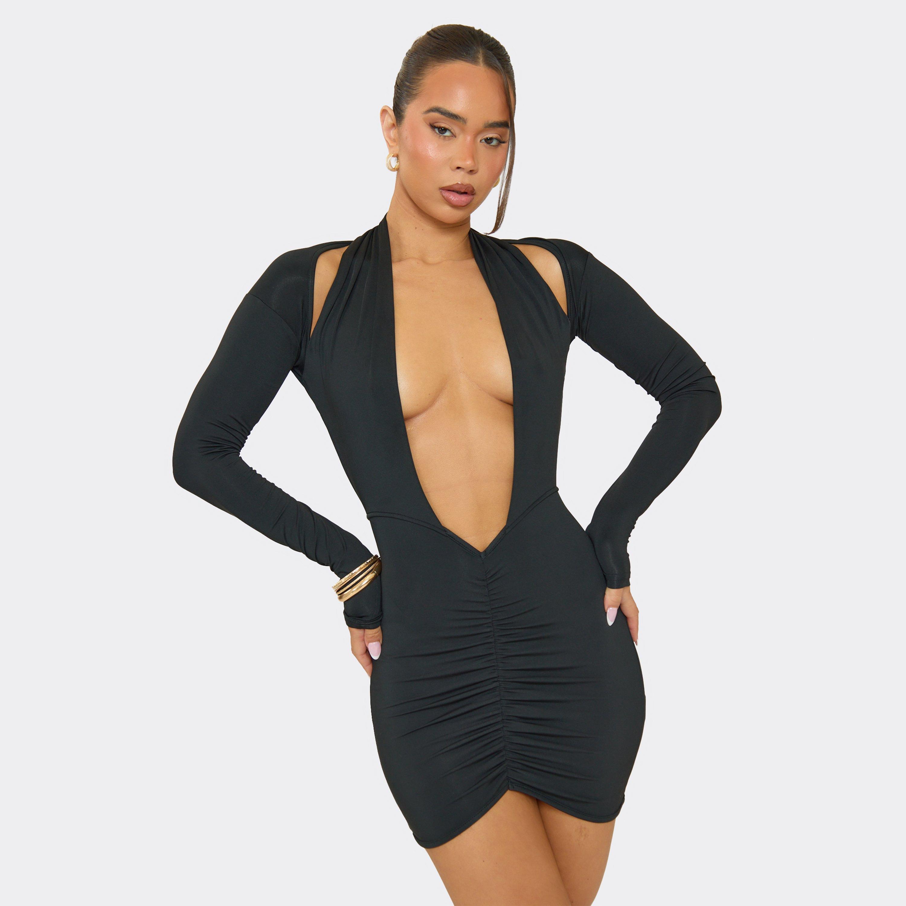 Long Sleeve Halterneck Cut Out Detail Mini Dress In Black, Women’s