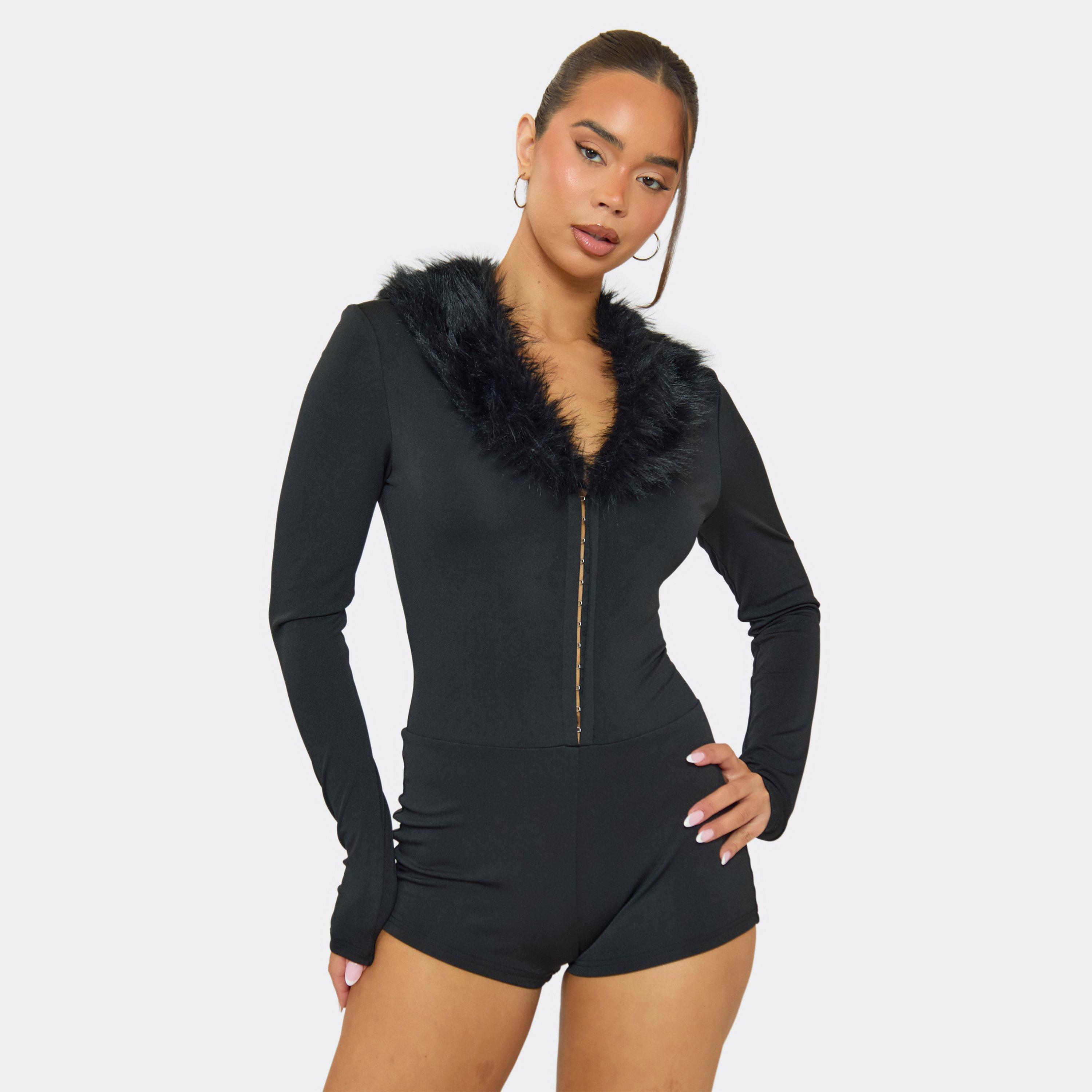 Long Sleeve Hook And Eye Fur Collar Detail Playsuit In Black, Women's Size UK S