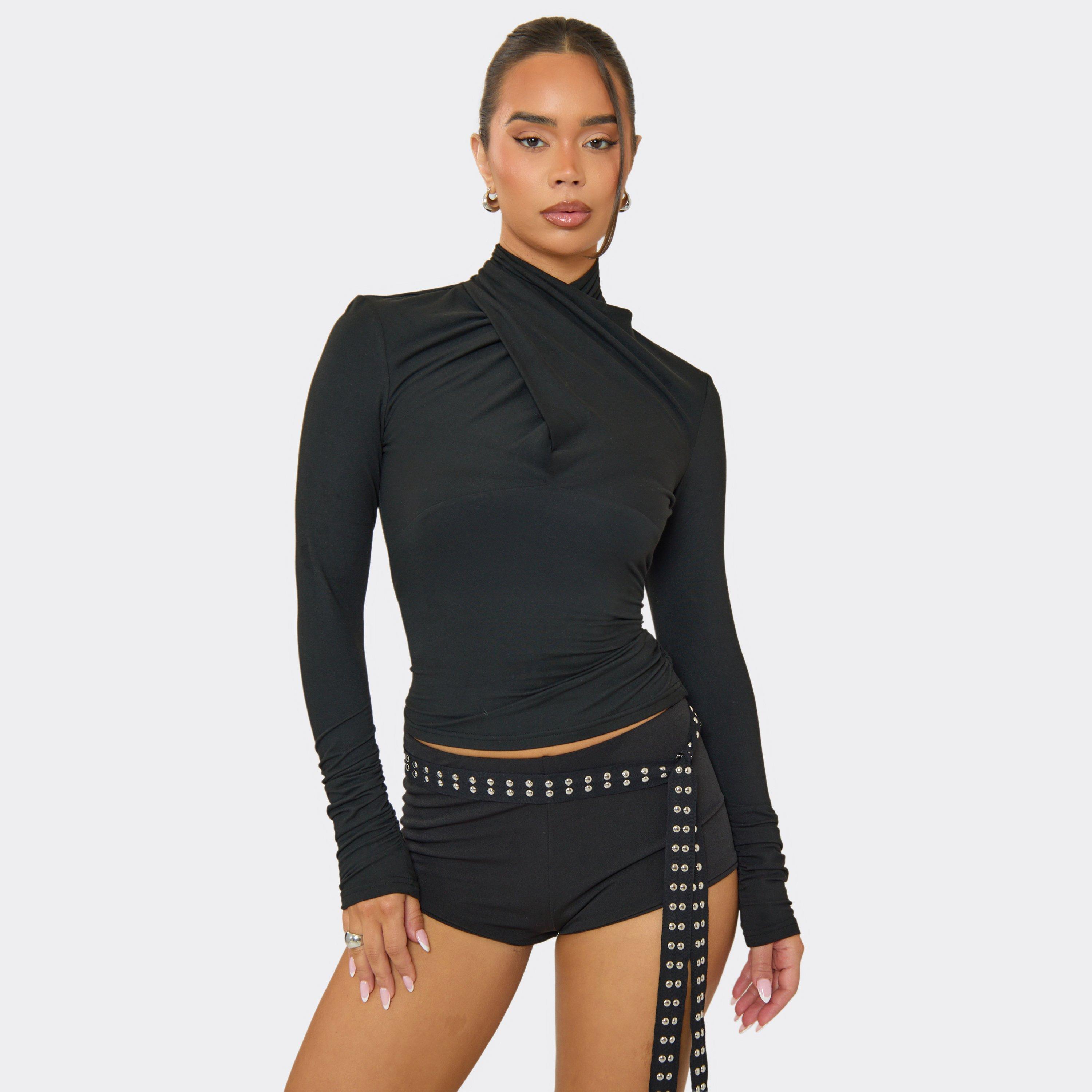 Image of High Neck Wrap Detail Top In Black, Women's Size UK L